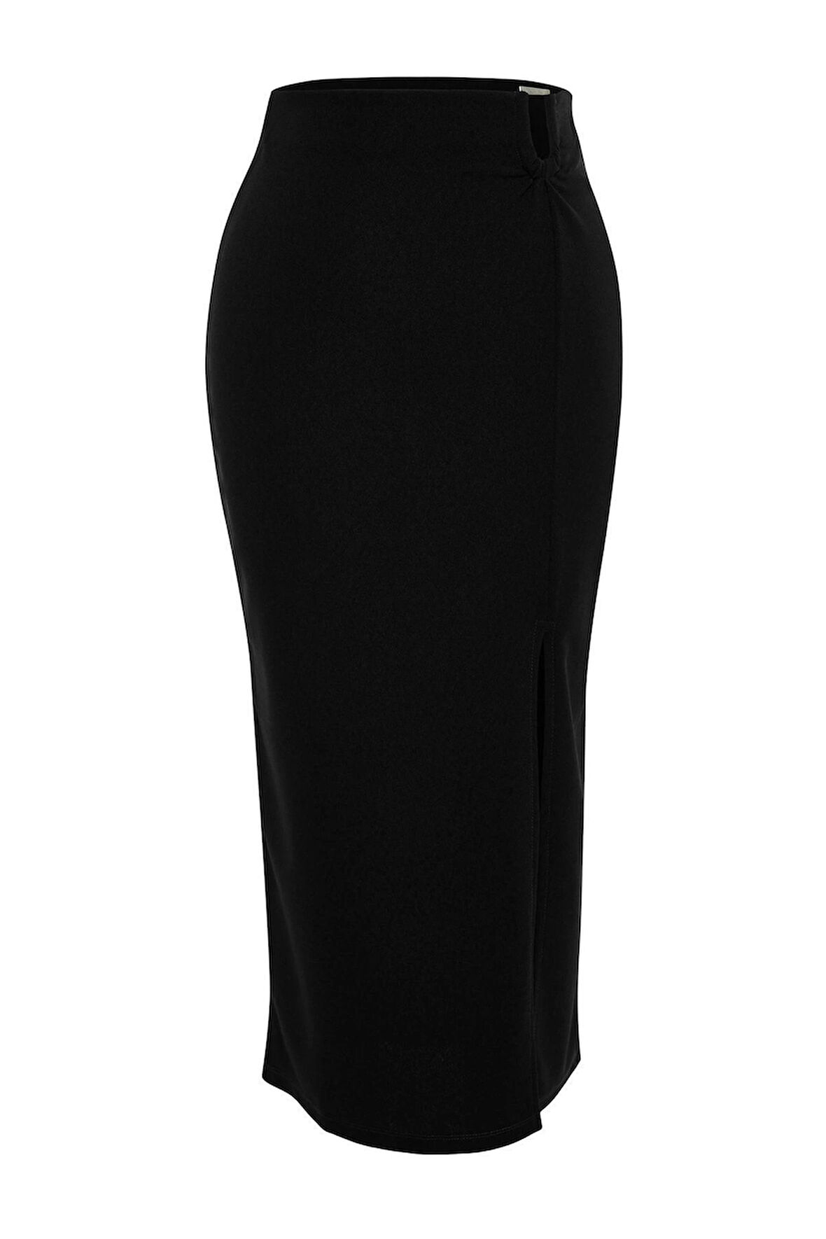 Moda Slim Düz Desen Şık Gece Maxi Boy Krep Tokalı Yırtmaç detaylı Maxi Yüksek Bel Esnek Örme Etek