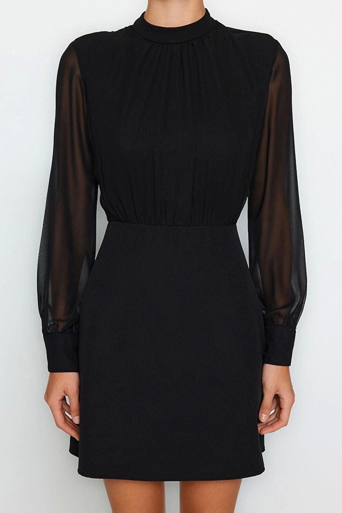 Moda Fit Gündüz Gece Finike Dokuma Dik Yaka Uzun Kol Bodycone Mini Boy Elbise