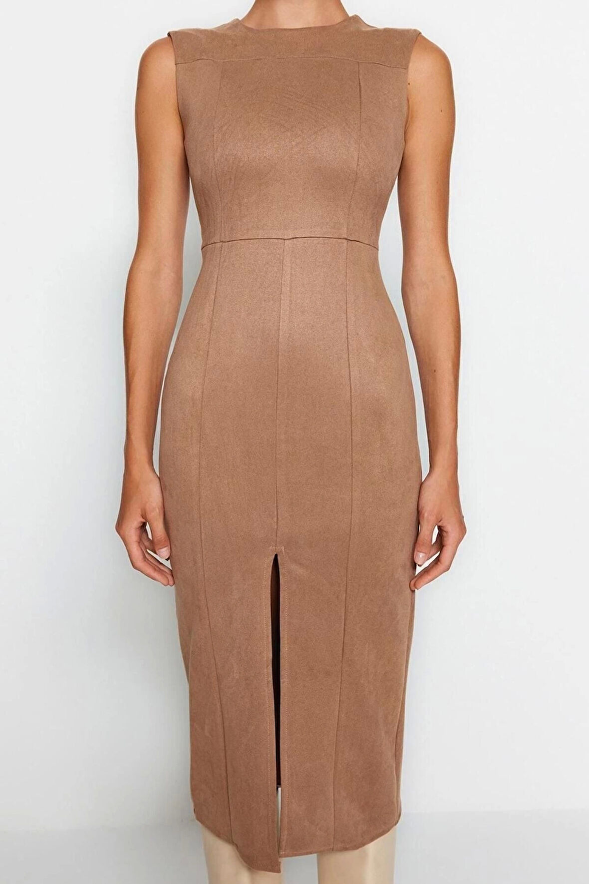 Moda Fit Gündüz Gece Süet Dokuma Bisiklet Yaka Kolsuz Kol Bodycone Midi Boy Elbise
