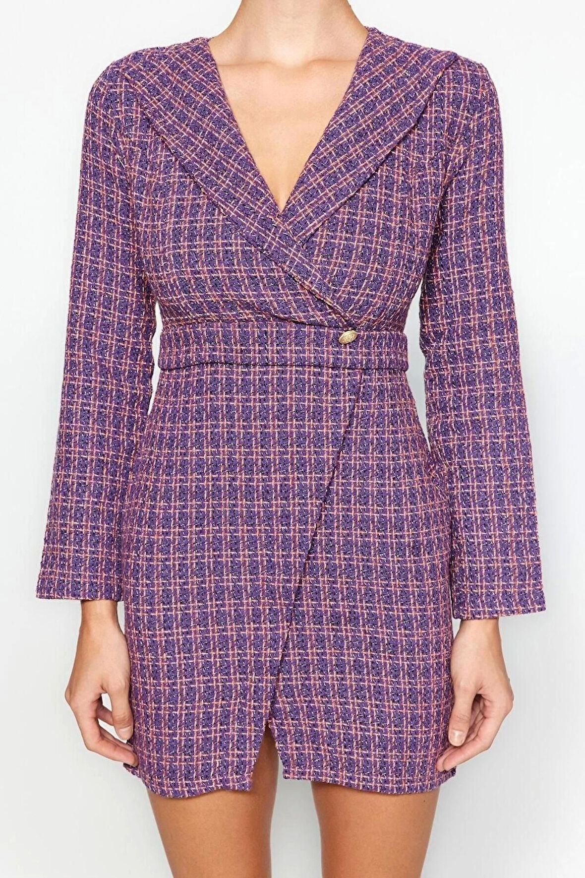 Moda Regular Business Tüvit Dokuma Ceket Yaka Uzun Kol Ceket Elbise Mini Boy Elbise