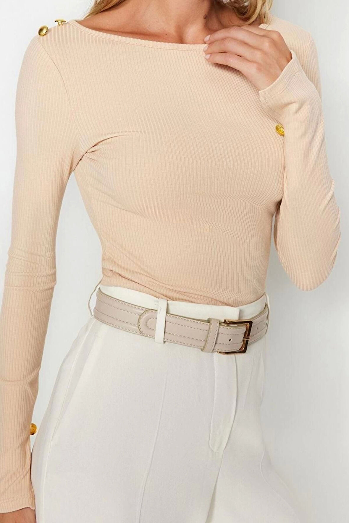 Moda Kayık Yaka Örme Regular Düz Desen Resmi Regular Uzun Kol Bluz