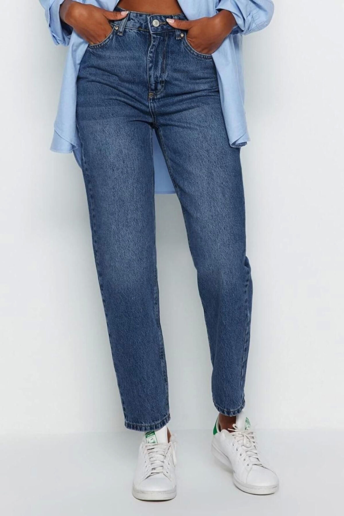 Stil Kadın Moda Denim Kot Pantolon Regular Dar Paça Mavi Yüksek Bel Mom Jeans