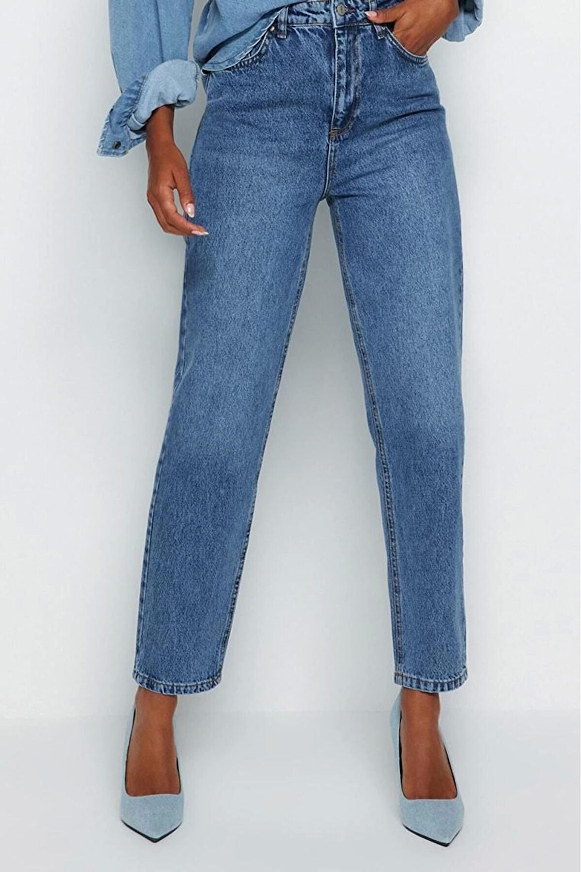 Stil Kadın Moda Denim Kot Pantolon Regular Dar Paça Mavi Yüksek Bel Mom Jeans