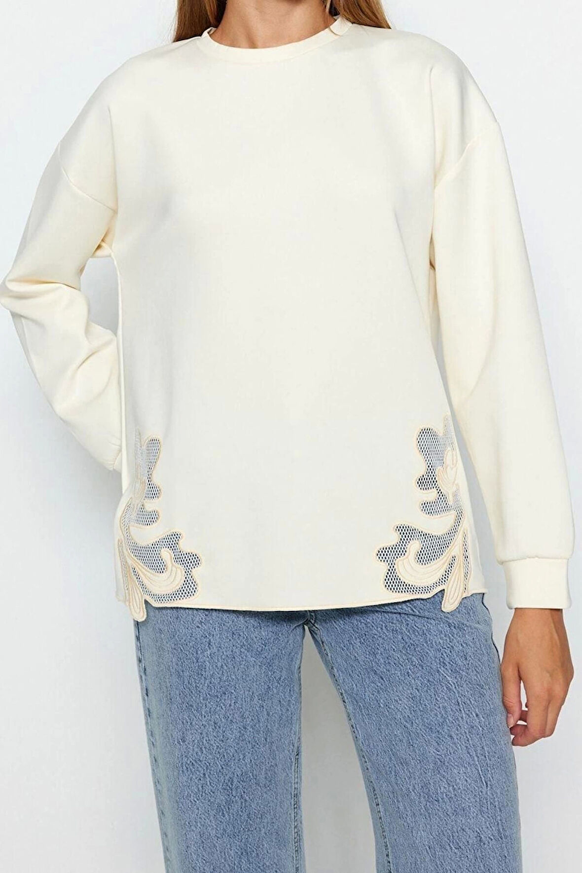 Tesettür Bisiklet Yaka Standart Kol Dantel Detaylı Dalgıç Scuba Örme Sweatshirt