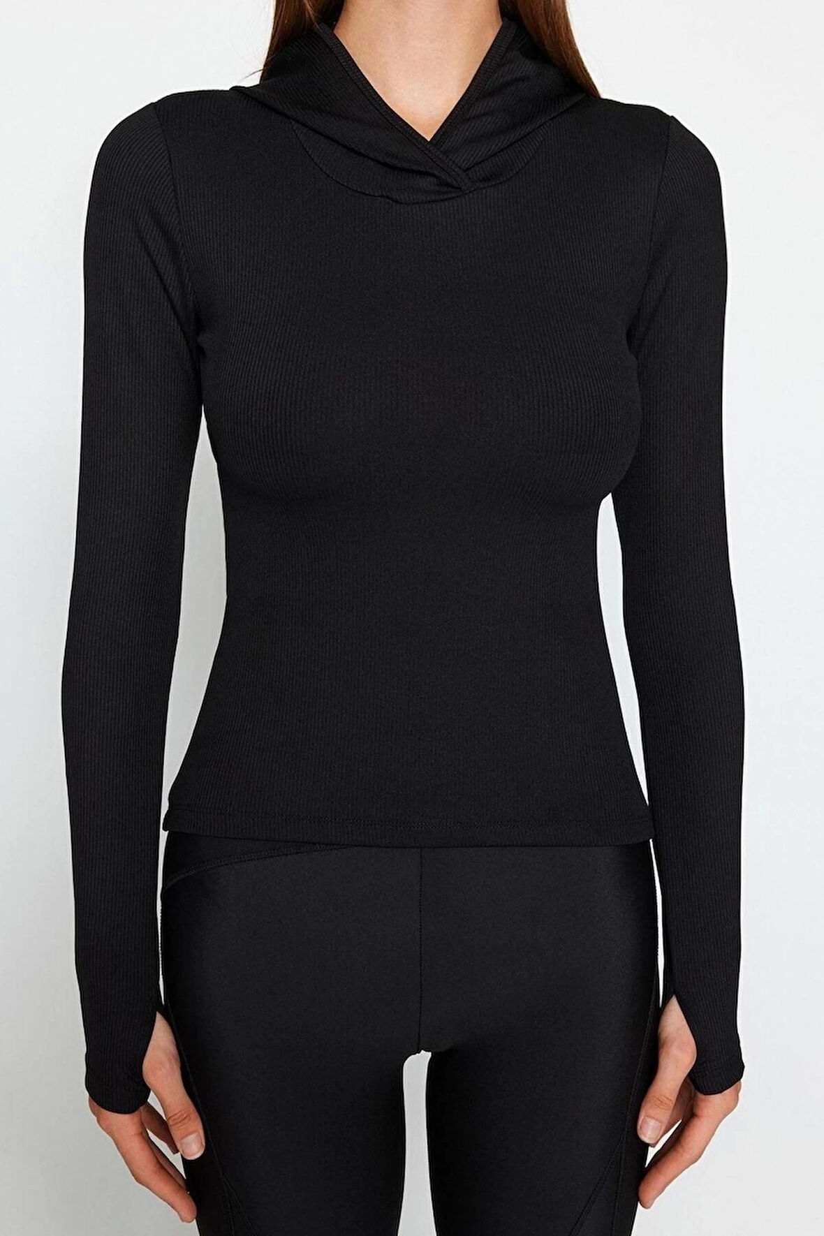 Moda Kapüşonlu Örme Fit Düz Desen Sportswear Regular Uzun Kol Bluz