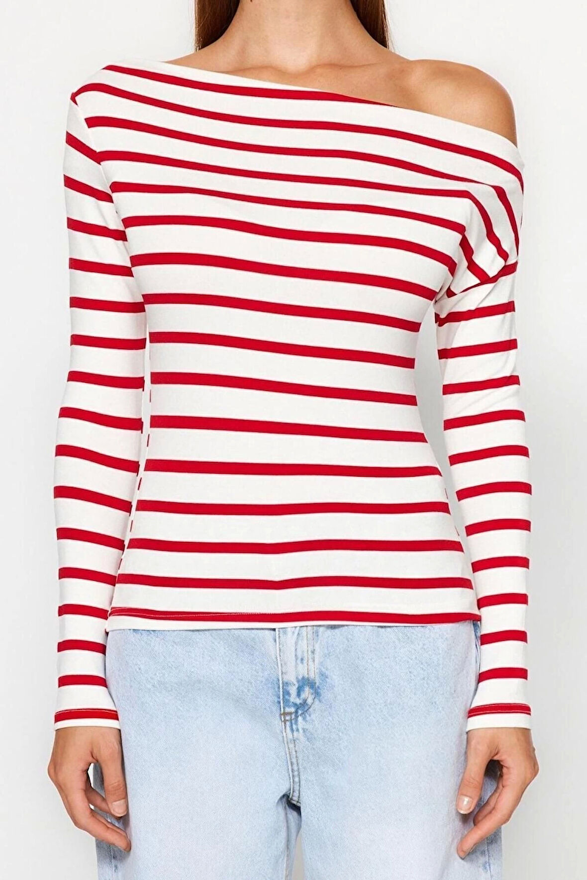 Moda Kayık Yaka Örme Slim Çizgili Desen Casual Günlük Regular Uzun Kol Bluz