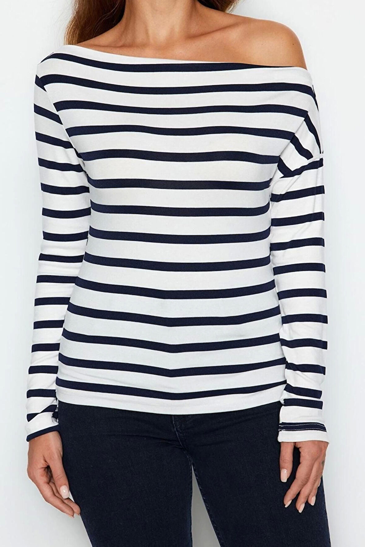 Moda Kayık Yaka Örme Slim Çizgili Desen Casual Günlük Regular Uzun Kol Bluz