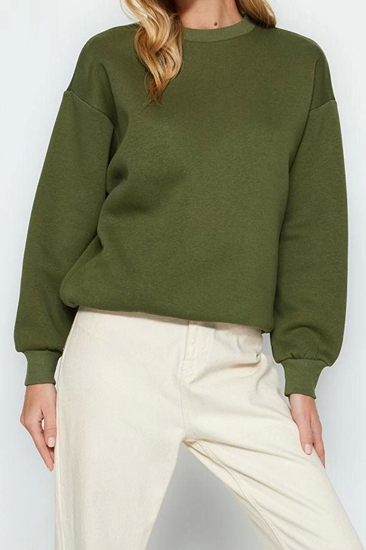 Regular Bisiklet Yaka Düşük Kol Regular Kalın İçi Polarlı Normal Kalıp Basic Örme Sweatshirt