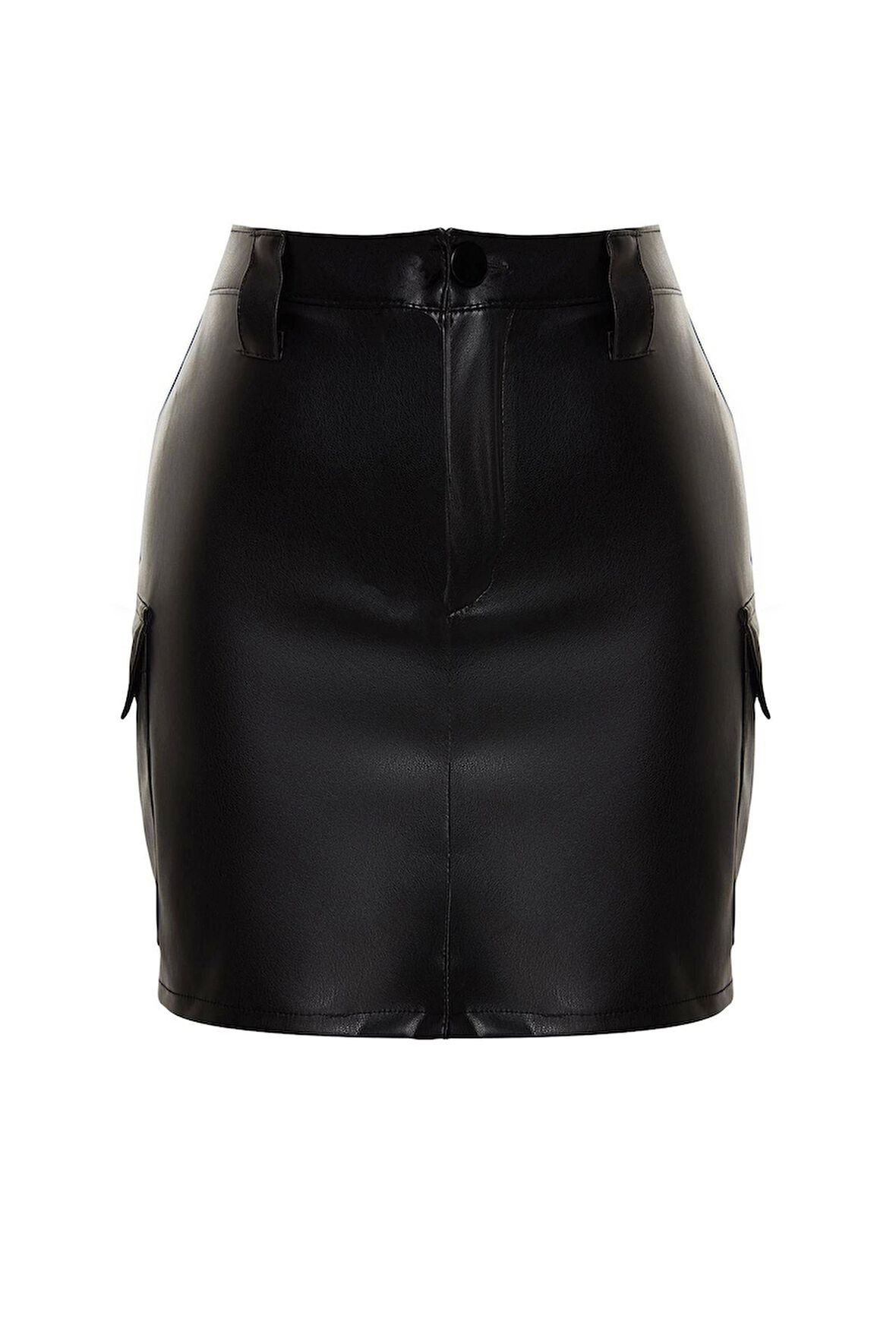 Modern Tarz Astarsız Örme Mini Boy Suni Deri Kargo Cepli Yüksek Bel Vücuda Oturan Mini Etek