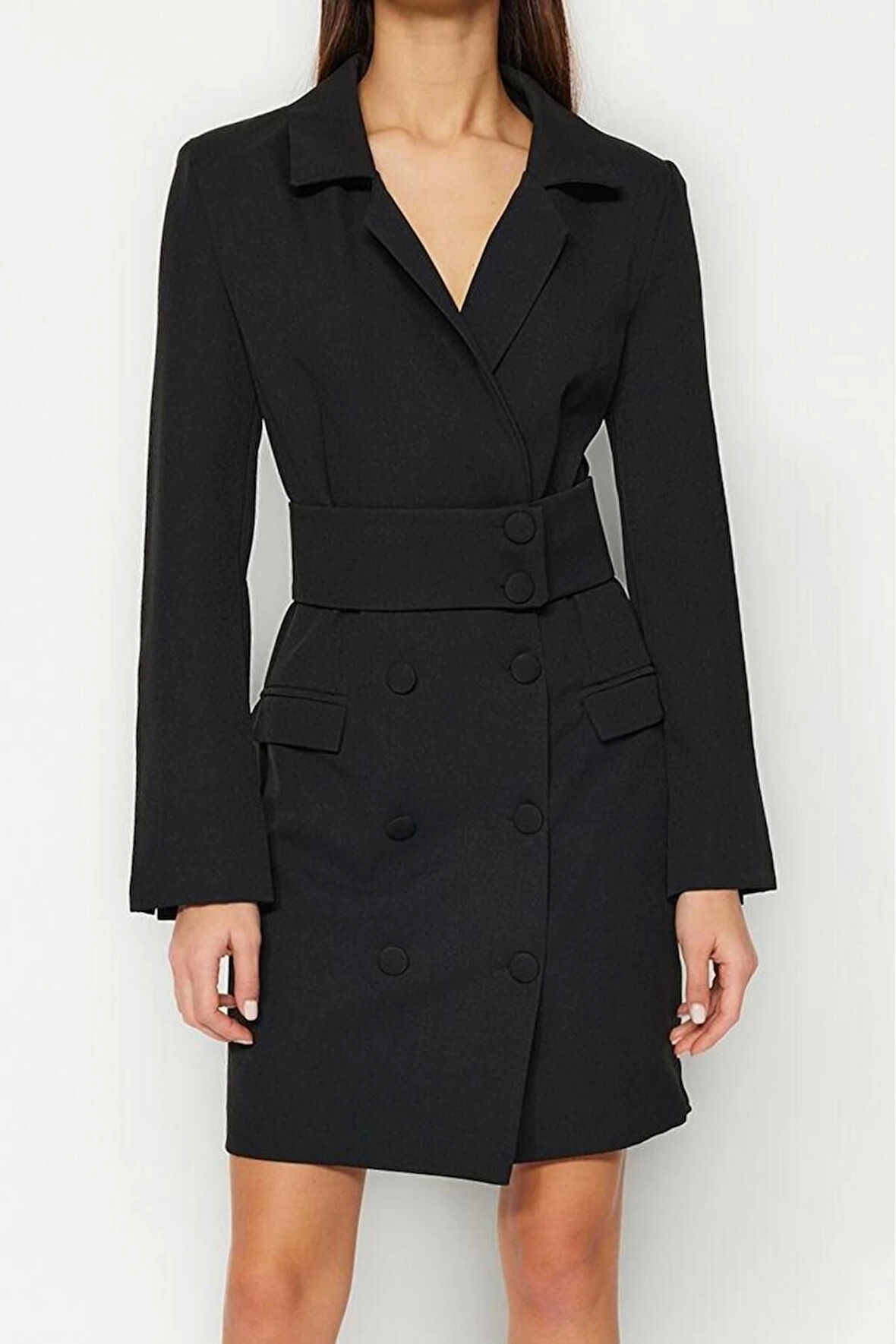 Moda Stil Regular Ceket Yaka Mini Boy Kemerli Dokuma Düğme Detaylı Dokuma Elbise