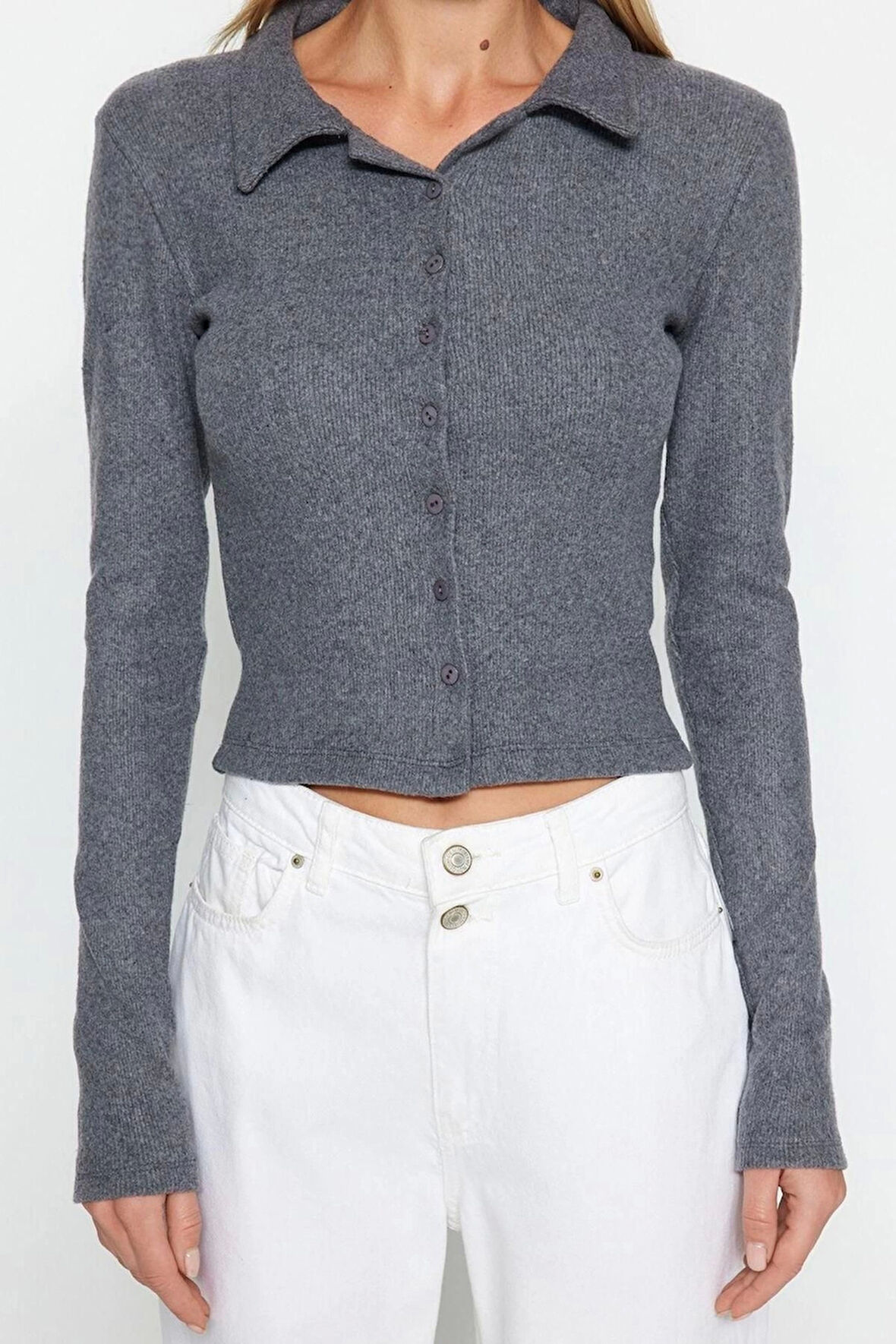 Moda Polo Yaka Örme Slim Düz Desen Casual Günlük Crop Uzun Kol Bluz