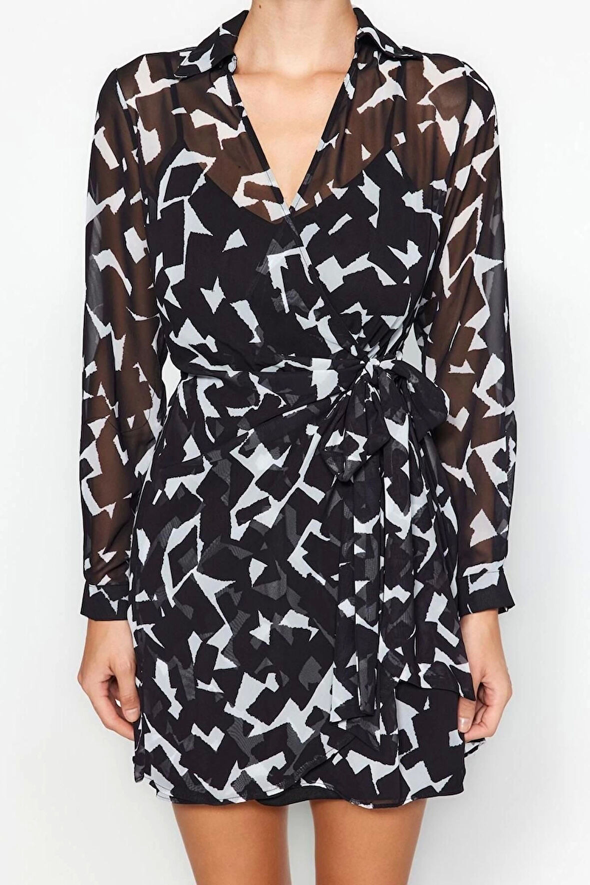 Moda Regular Gündüz Gece Şifon Dokuma Gömlek Yaka Uzun Kol Kruvaze Mini Boy Elbise