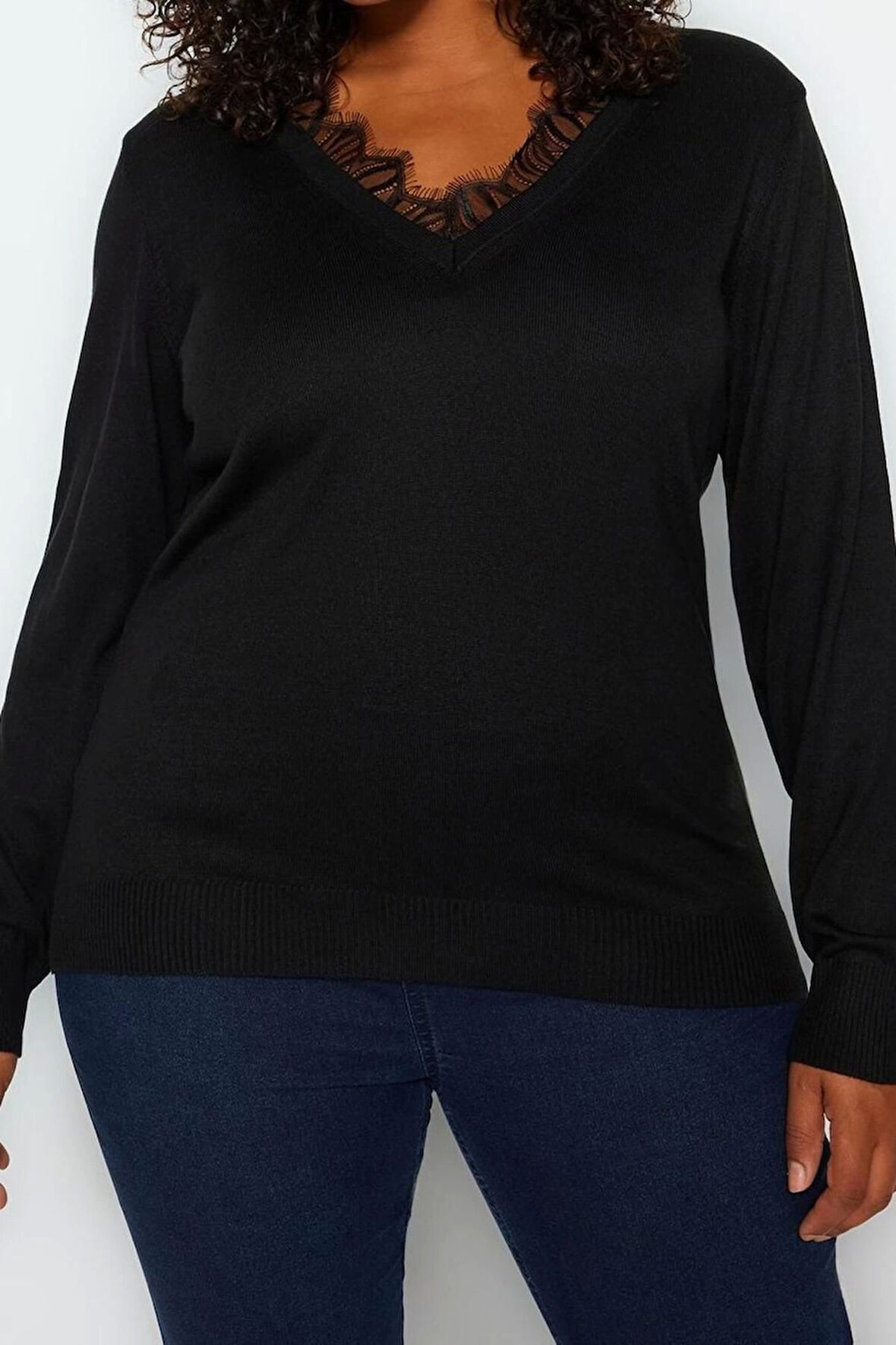 Büyük Beden Kadın Modern Tarz Rahat Uzun V Yaka Düz Kol Regular Triko Kazak