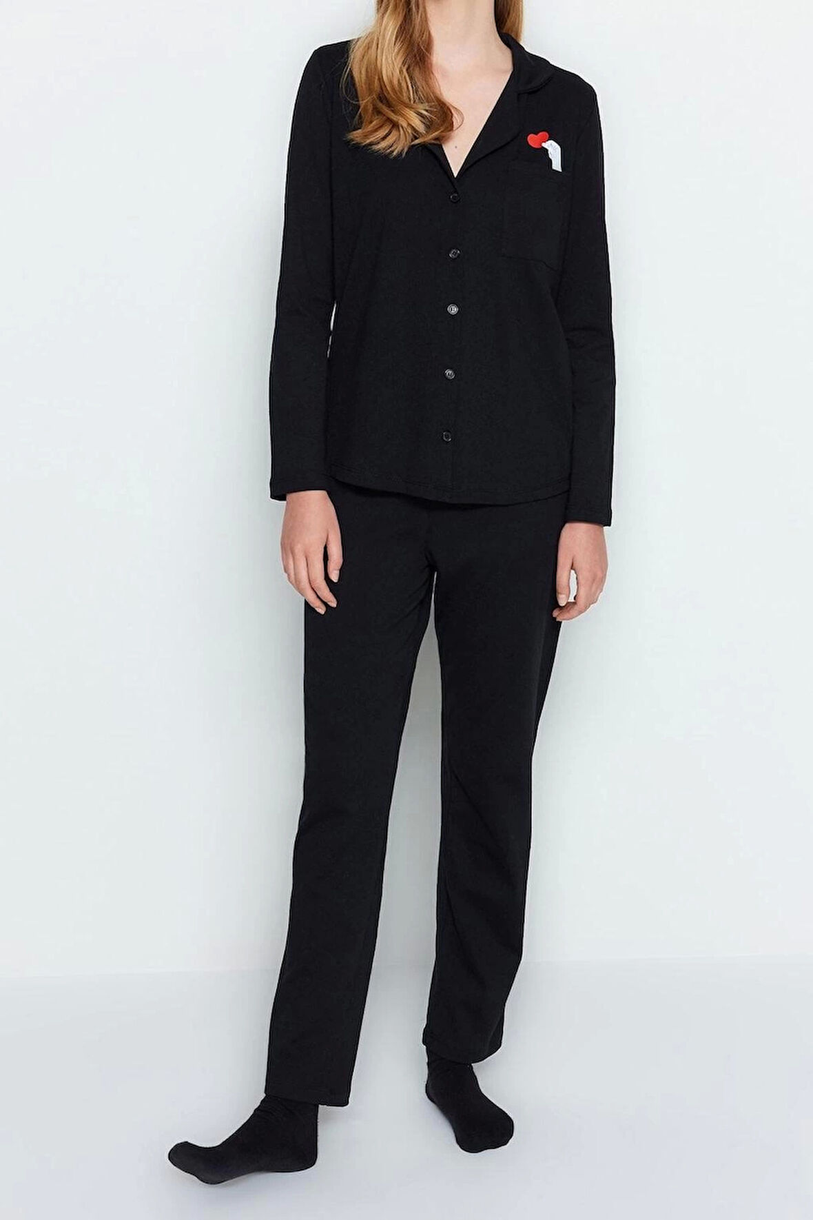 Tarz Rahat Uzun Kollu Boru Paça Pamuklu Kalp Baskılı Gömlek-Pantolon Örme Pijama Takımı
