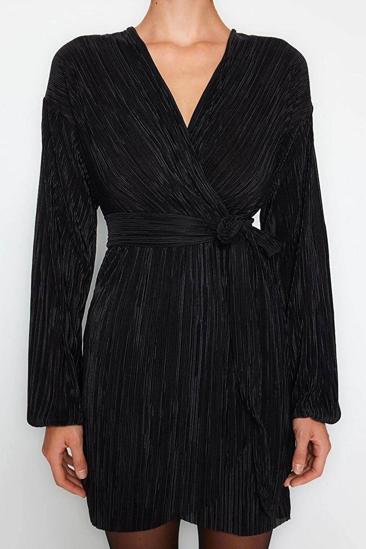 Moda Rahat Mezuniyet Balo Pilise Örme Kruvaze Uzun Kol Skater Mini Boy Elbise