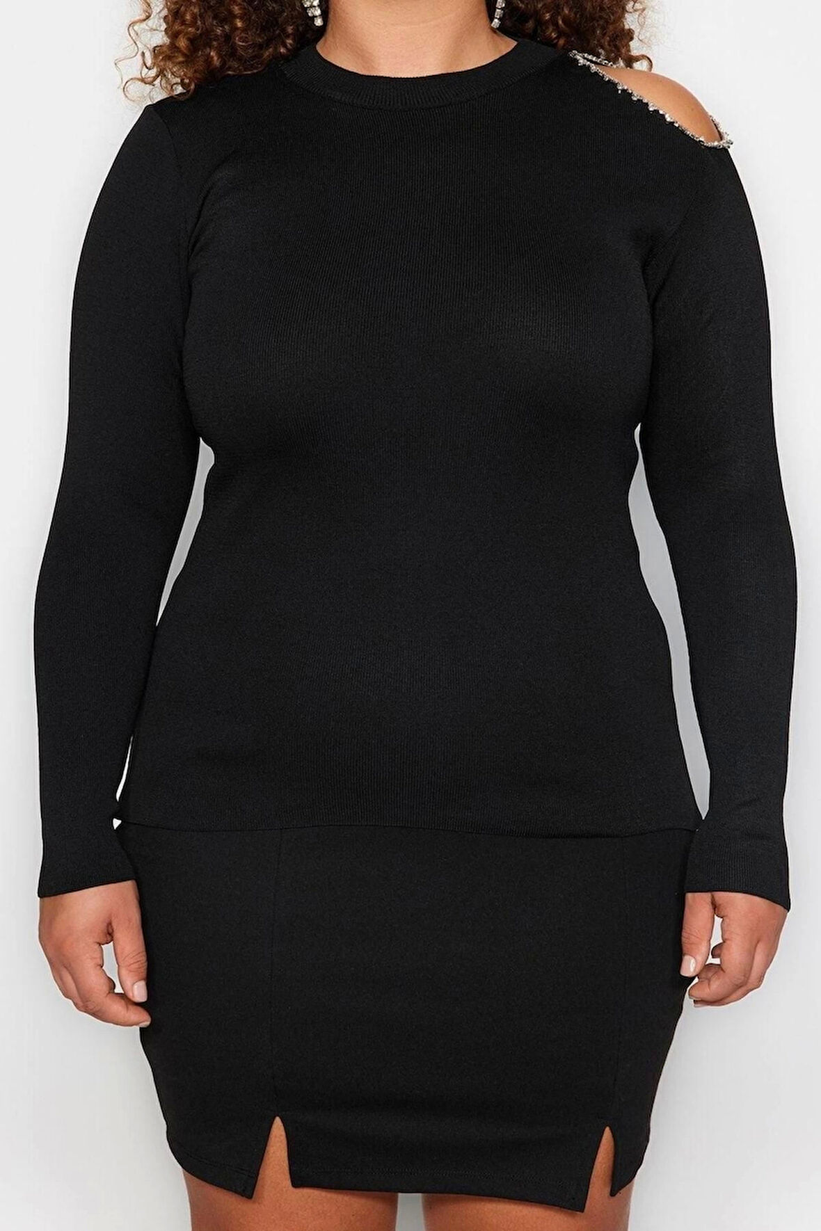 Moda Büyük Beden Dik Yaka Triko Fit Düz Desen Şık gece Regular Uzun Kol Bluz