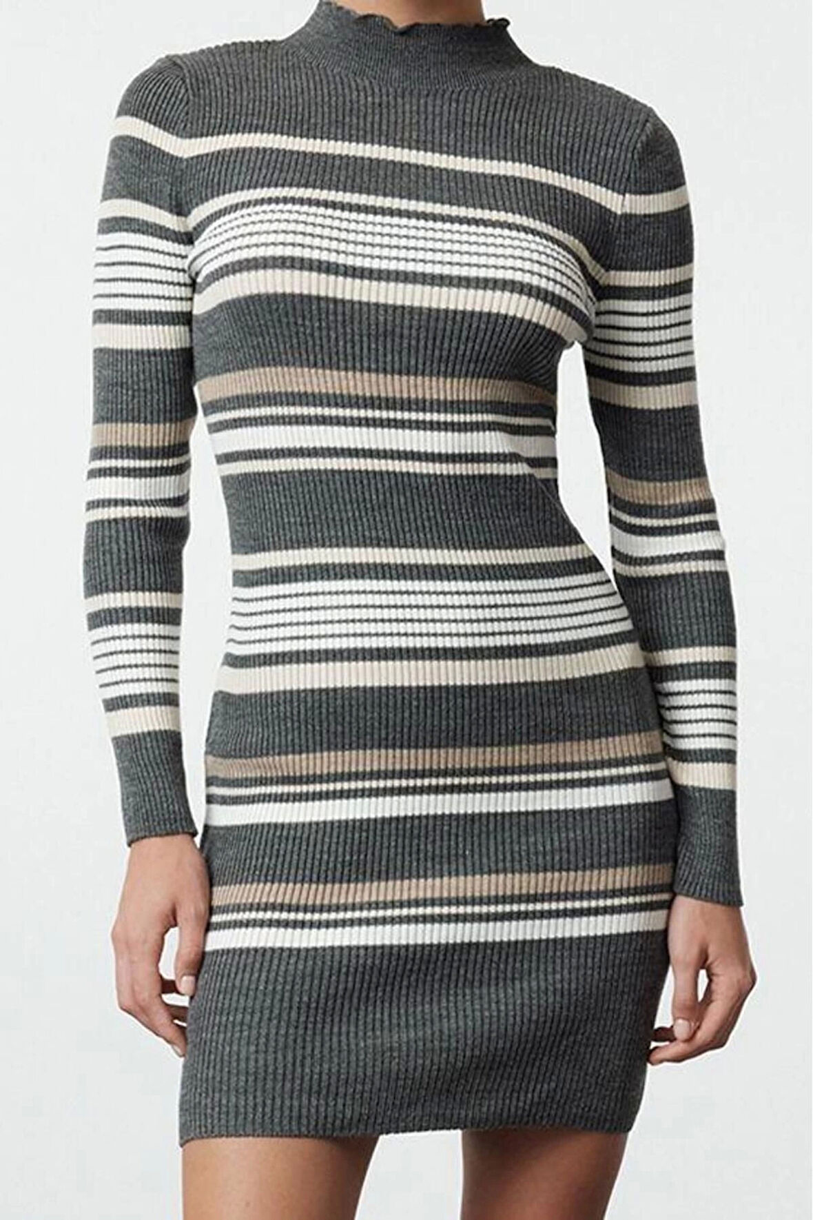 Moda Stil Regular Dik Yaka Mini Boy Triko Renk Bloklu Elbise
