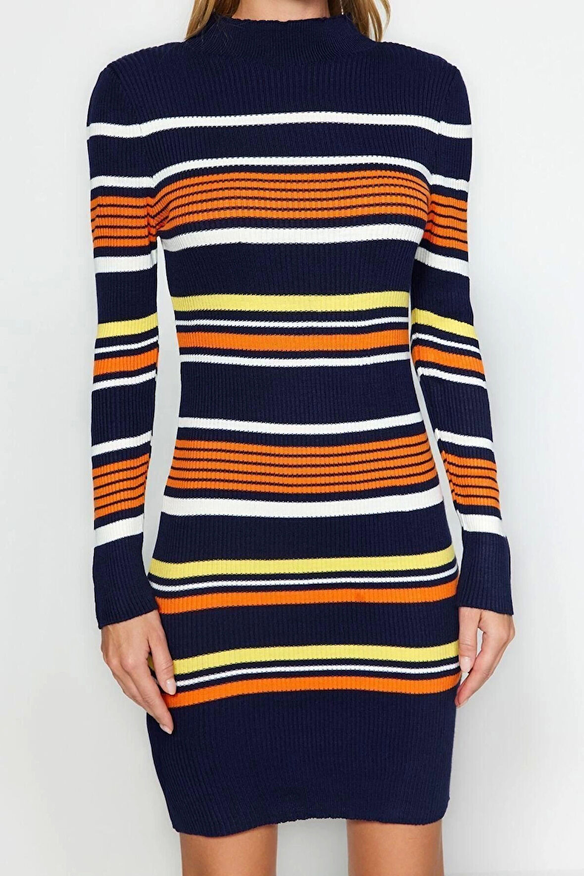 Moda Regular Casual Günlük Çift Plaka Triko Dik Yaka Uzun Kol Shift Mini Boy Elbise