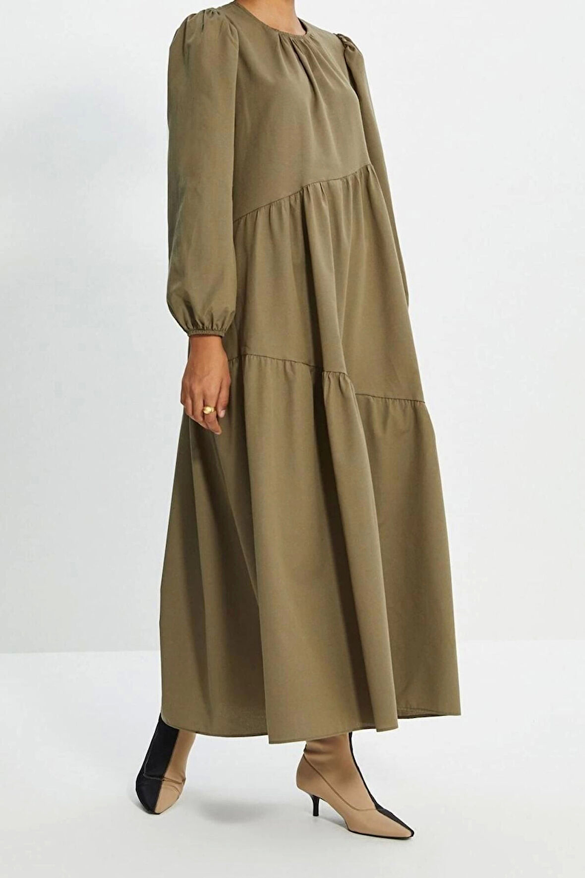 Moda Regular Casual Günlük Terrycotton Dokuma Bisiklet Yaka Uzun Kol A-Line Maxi Boy Tesettür Elbise