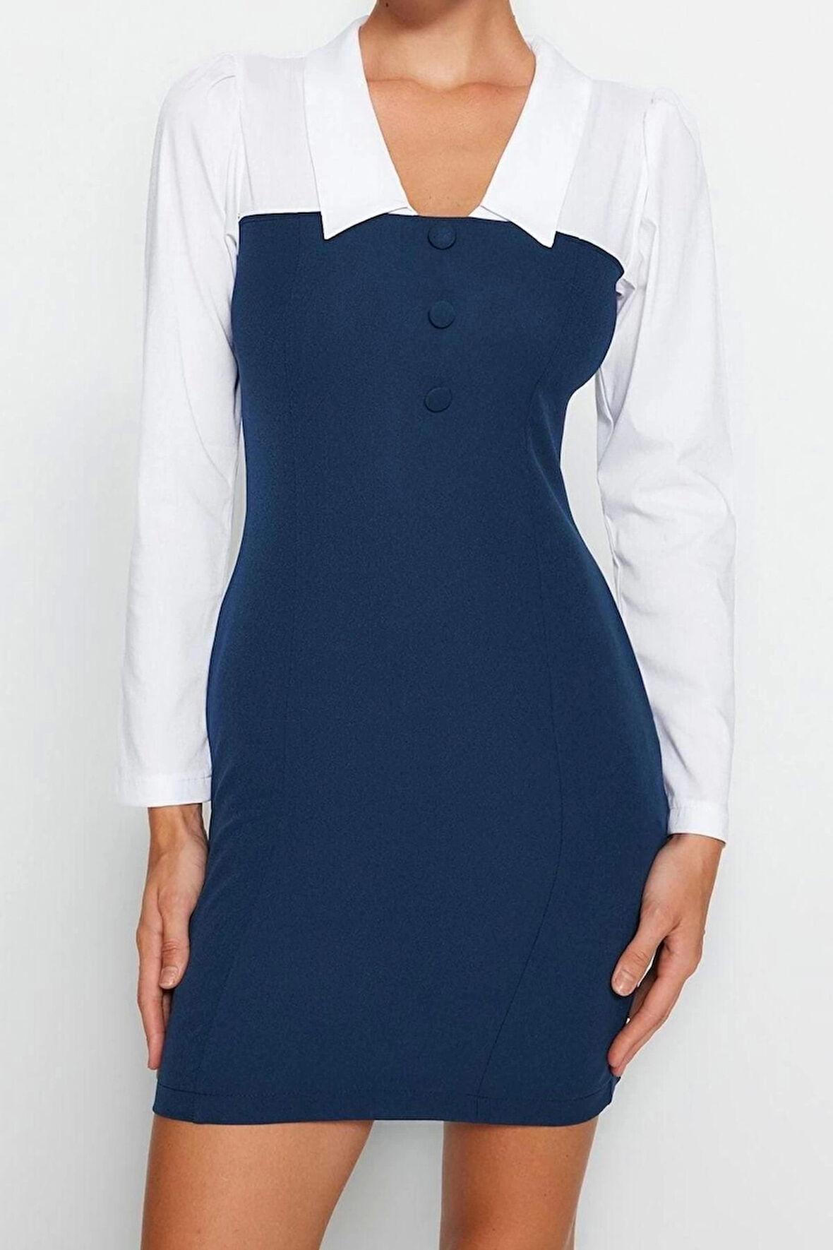 Moda Fit Business Finike Dokuma Gömlek Yaka Uzun Kol Bodycone Mini Boy Elbise