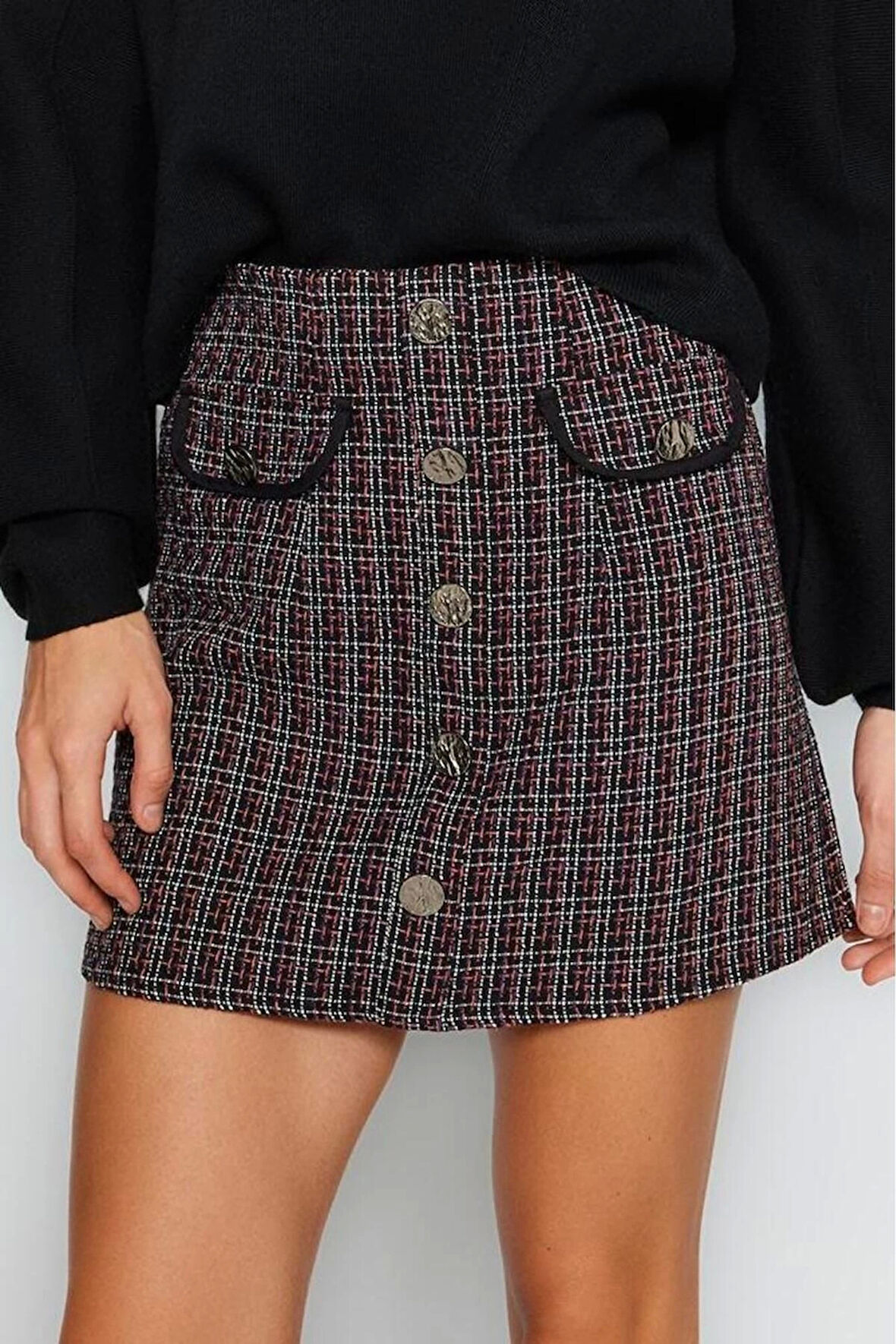 Moda Düz Desen Günlük Tüvit Kumaşlı Cep ve Düğme Detaylı Ekose Desenli Mini Dokuma Etek