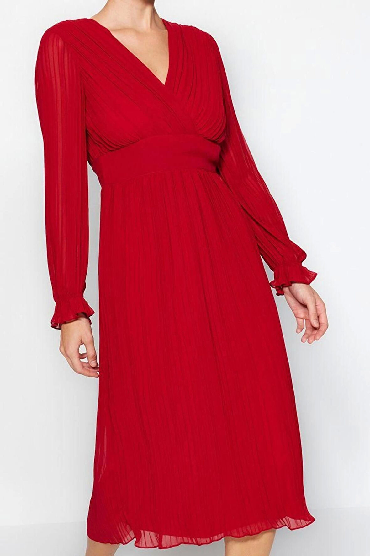 Moda Stil Regular Kruvaze Midi Boy Kuşaklı Düz Dokuma Elbise