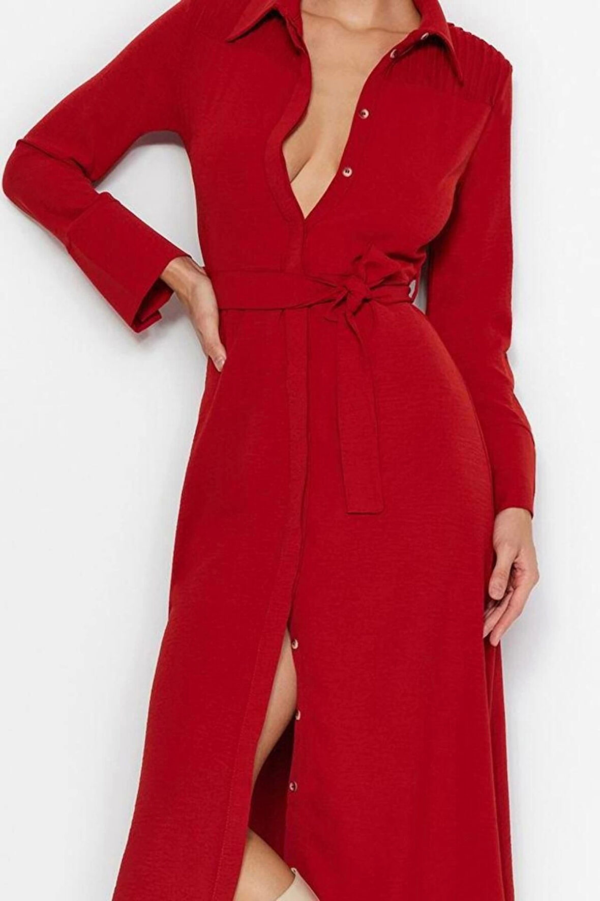 Moda Stil Regular Gömlek Yaka Midi Boy Kuşaklı Düğmeli Dokuma Gömlek Elbise