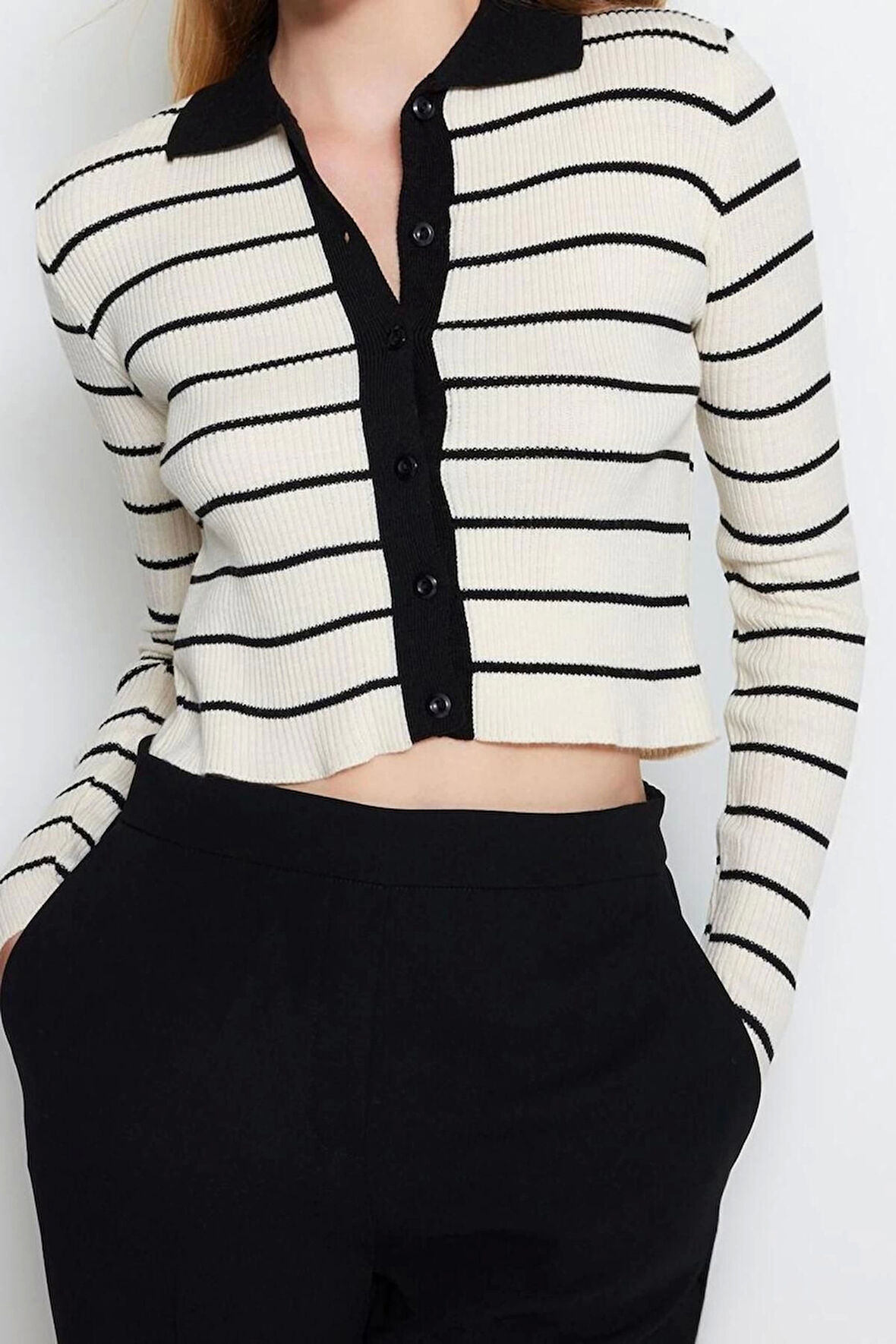 Kadın Modern Tarz Slim Polo Yaka Crop Triko Hırka