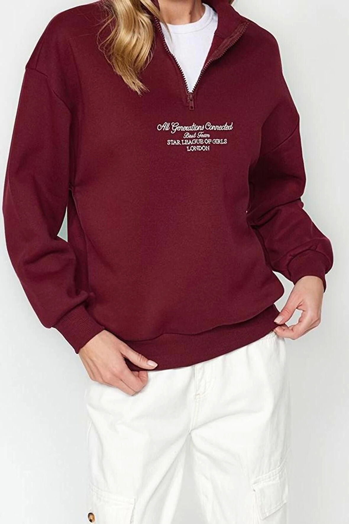 Tarz Bol Fermuarlı Yaka Düşük Kol Uzun Kalın İçi Polarlı Fermuarlı Geniş Kalıp Örme Sweatshirt