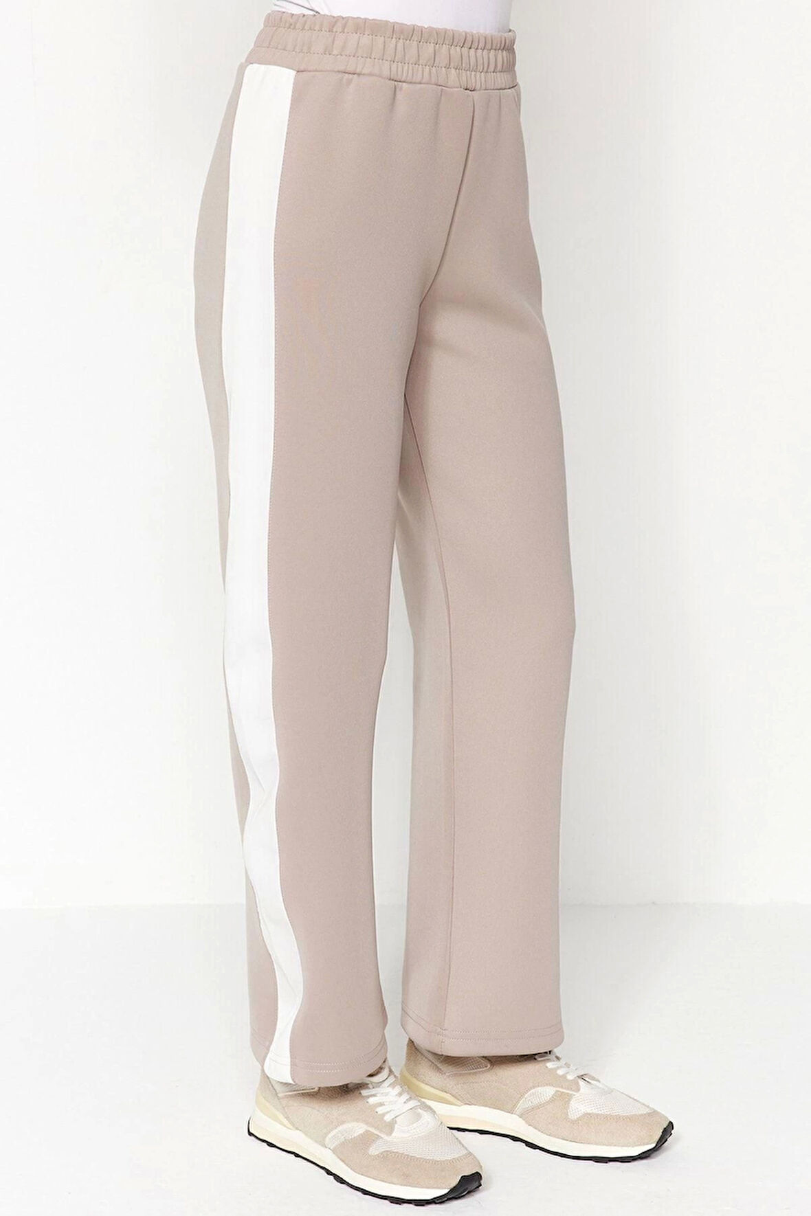 Tarz Kadın Modern Moda Normal Bel Boru Paça V Yaka Biyeli Örme Scuba Dalgıç Alt-Üst Takım