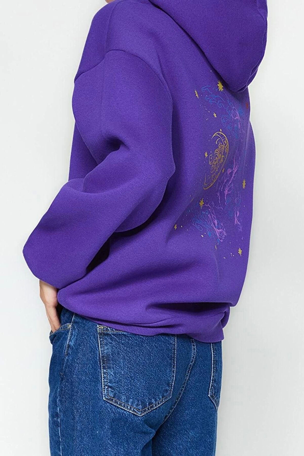 Tarz Bol Kapüşonlu Düşük Kol Uzun Kalın İçi Polarlı Baskılı Geniş Kalıp Örme Sweatshirt