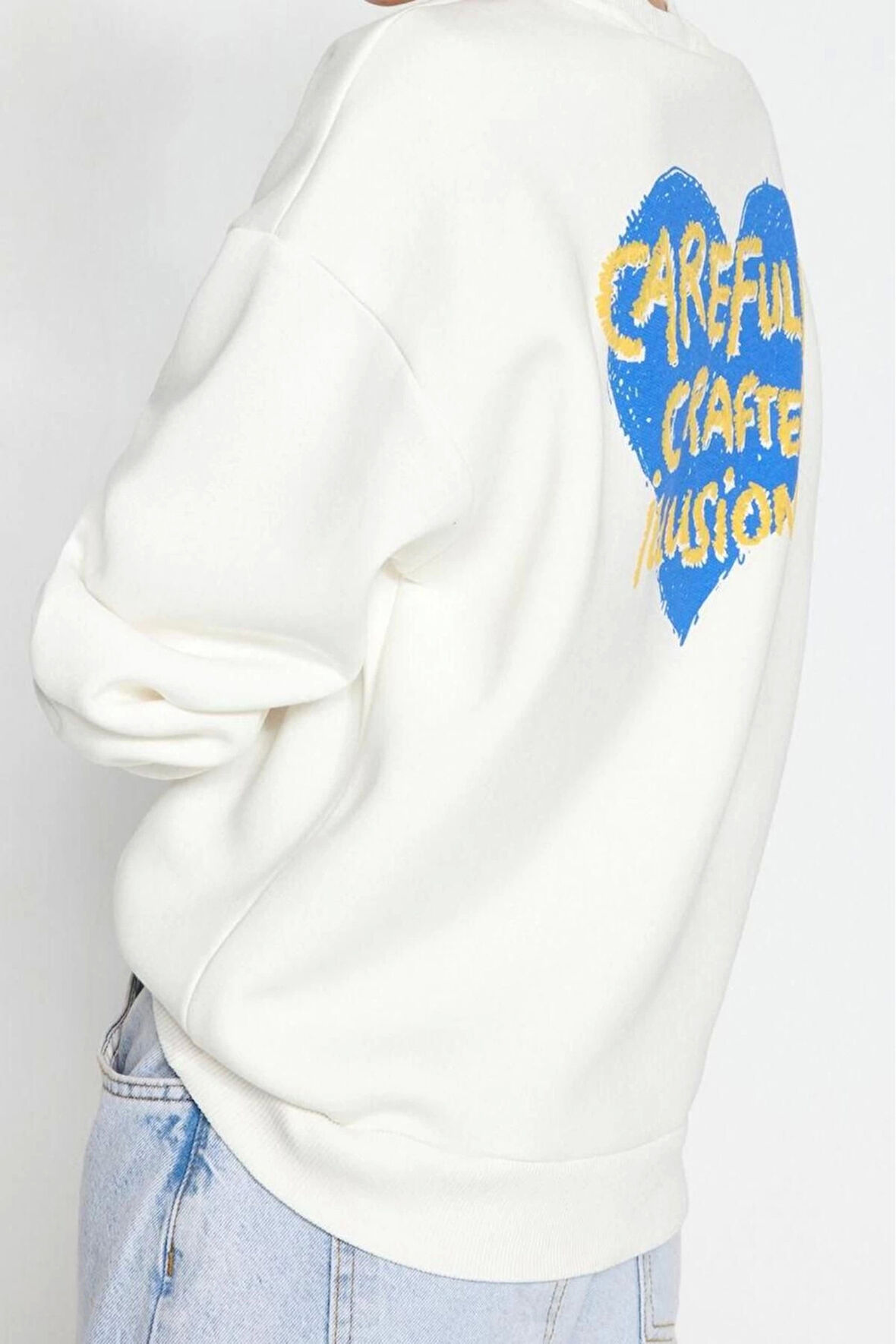Oversize Bisiklet Yaka Düşük Kol Uzun Kalın Polarlı  Sırt Kabartma Baskılı Örme Sweatshirt