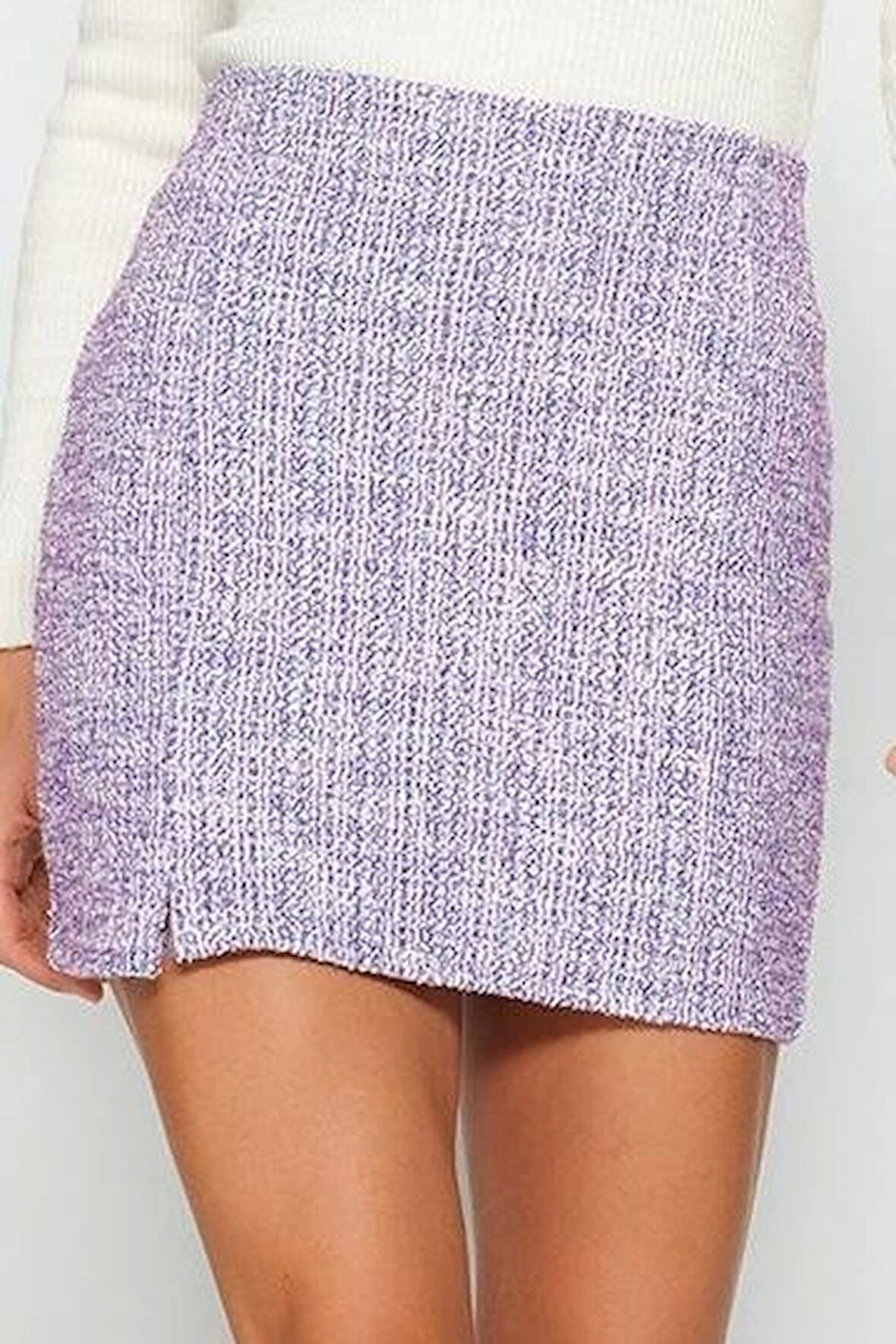 Modern Tarz Astarsız Örme Mini Boy Fermuarlı ve Yırtmaçlı Tüvit Normal Bel Mini Örme Etek