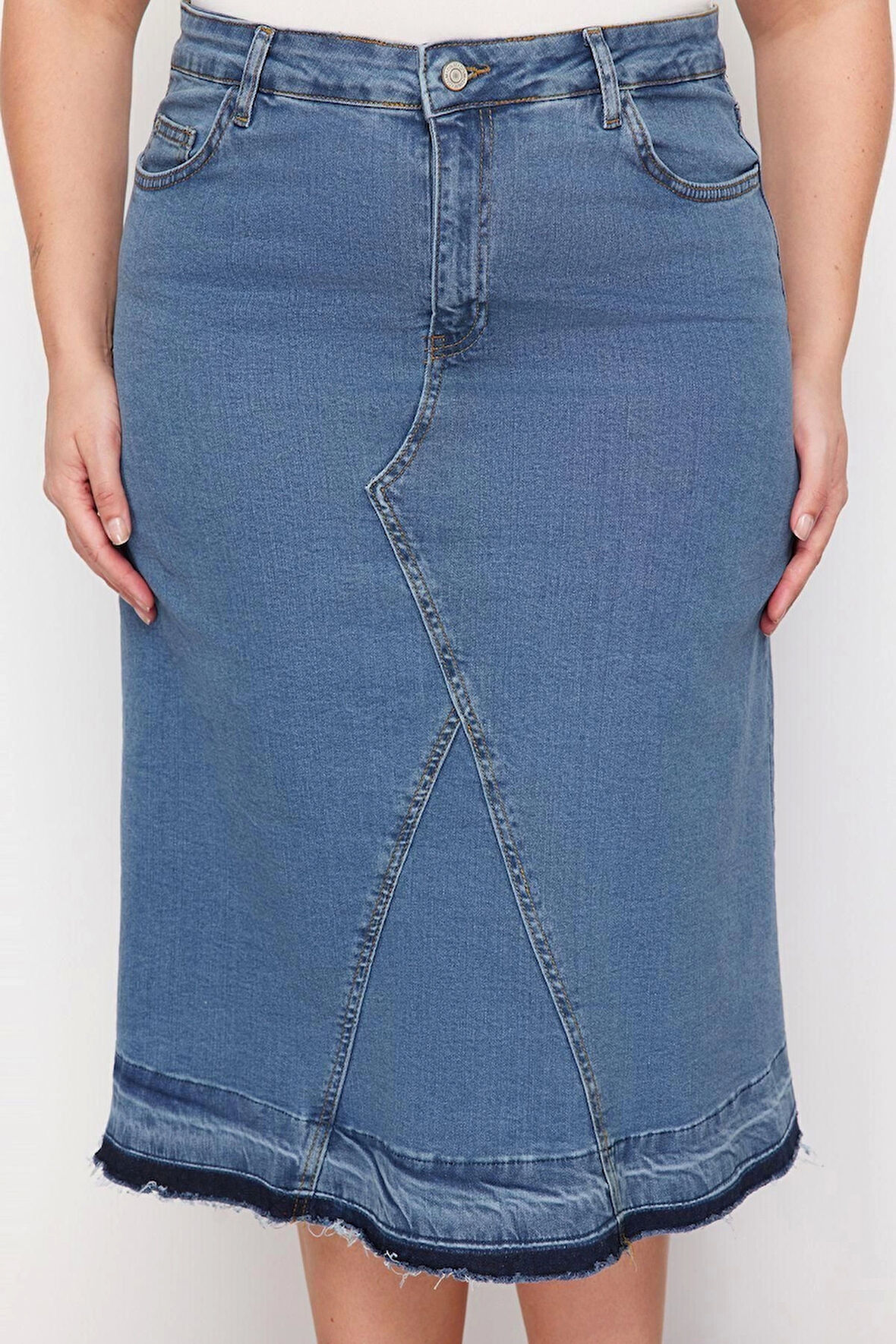 Moda Büyük Beden Regular Düz Desen Günlük Midi Boy Renk Bloklu Denim Etek