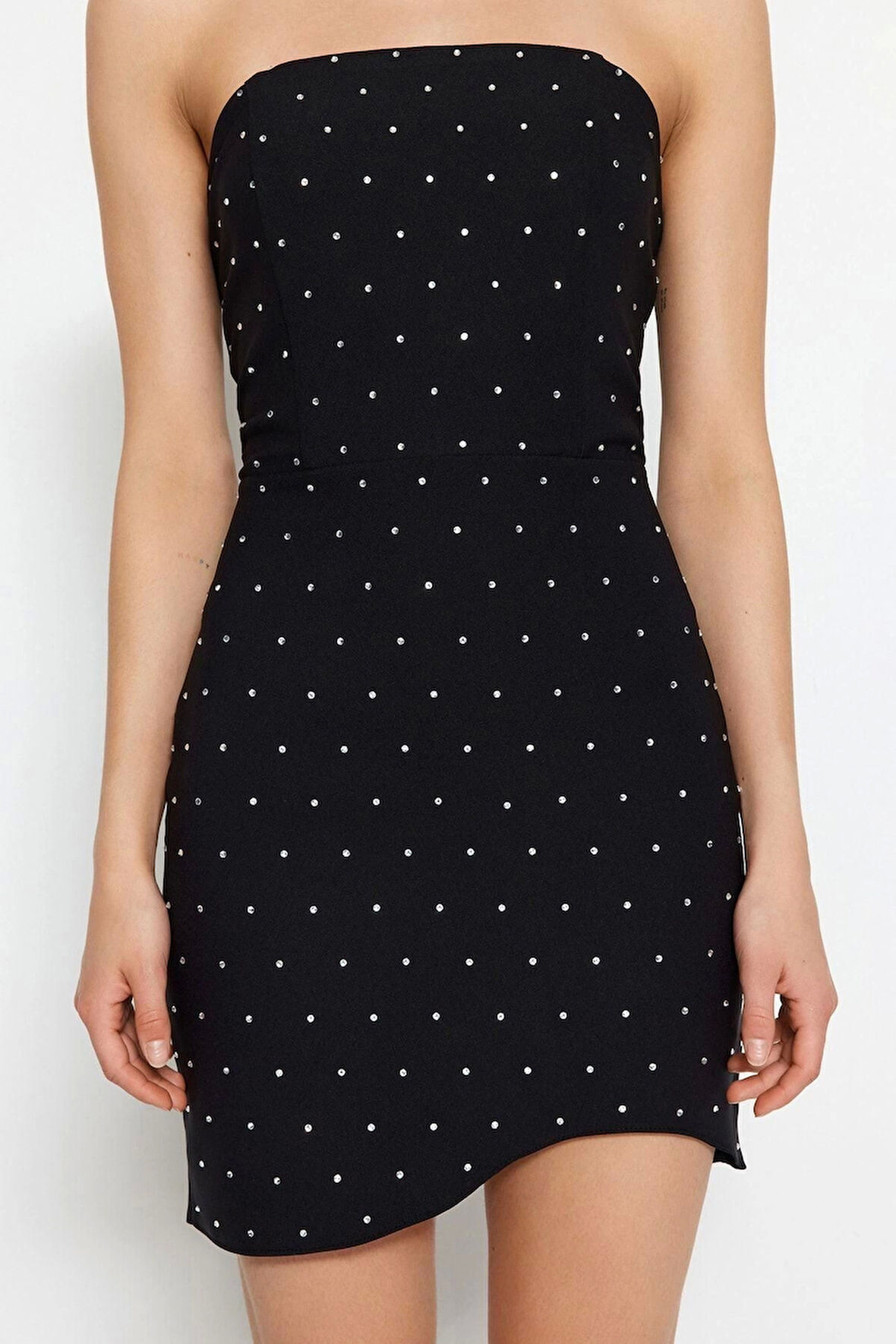 Moda Fit Mezuniyet Balo Finike Dokuma Straplez Kolsuz Kol Bodycone Mini Boy Elbise