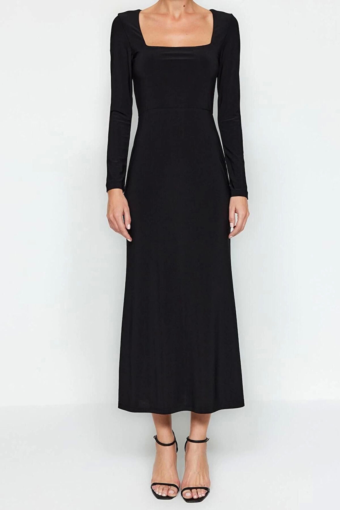 Moda Slim Gündüz Gece Sandy Örme Kare Yaka Uzun Kol A-Line Maxi Boy Elbise