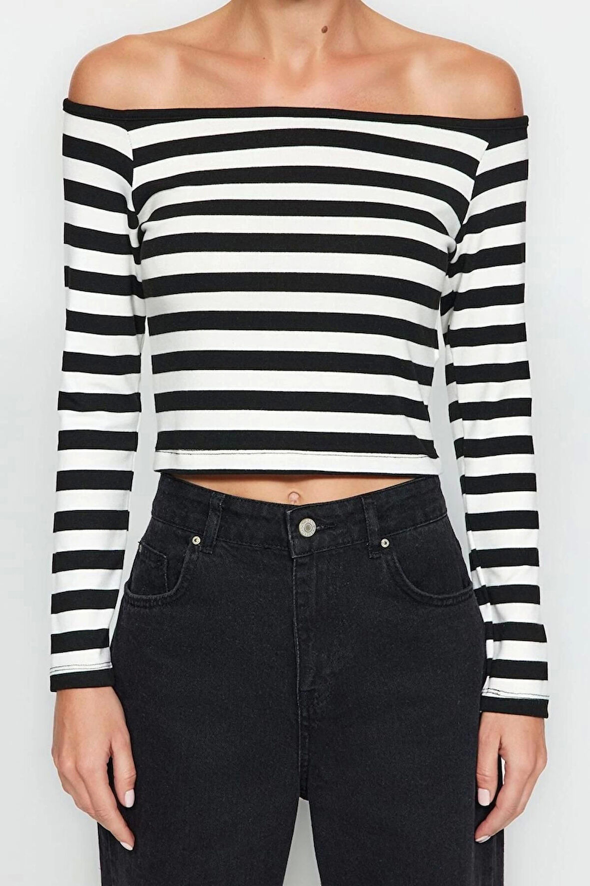 Moda Carmen Yaka Örme Slim Çizgili Desen Casual Günlük Regular Uzun Kol Bluz