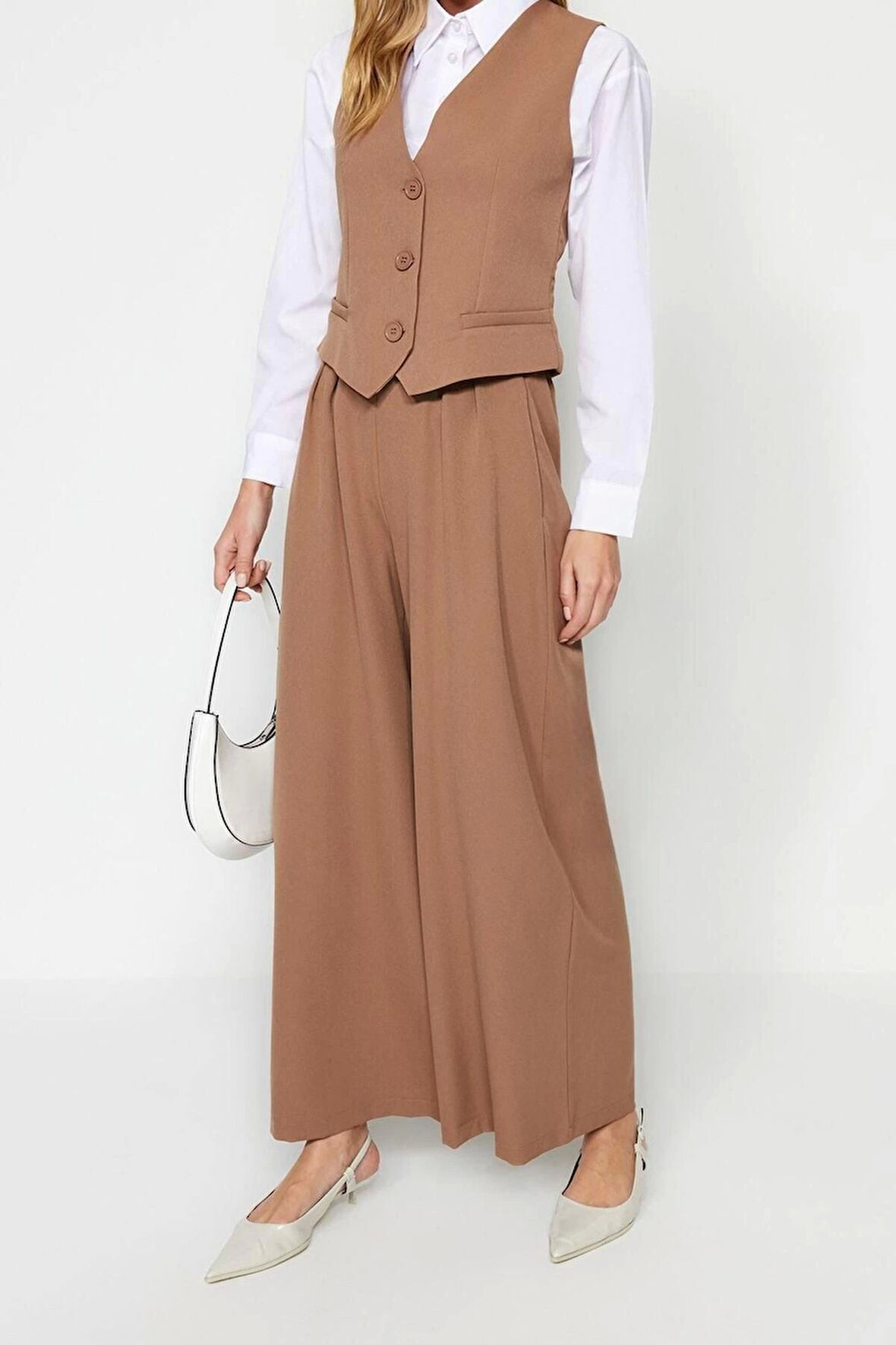 Moda Dokuma Düz V Yaka Casual Günlük Yelek-Pantolon Dokuma Alt-Üst Takım