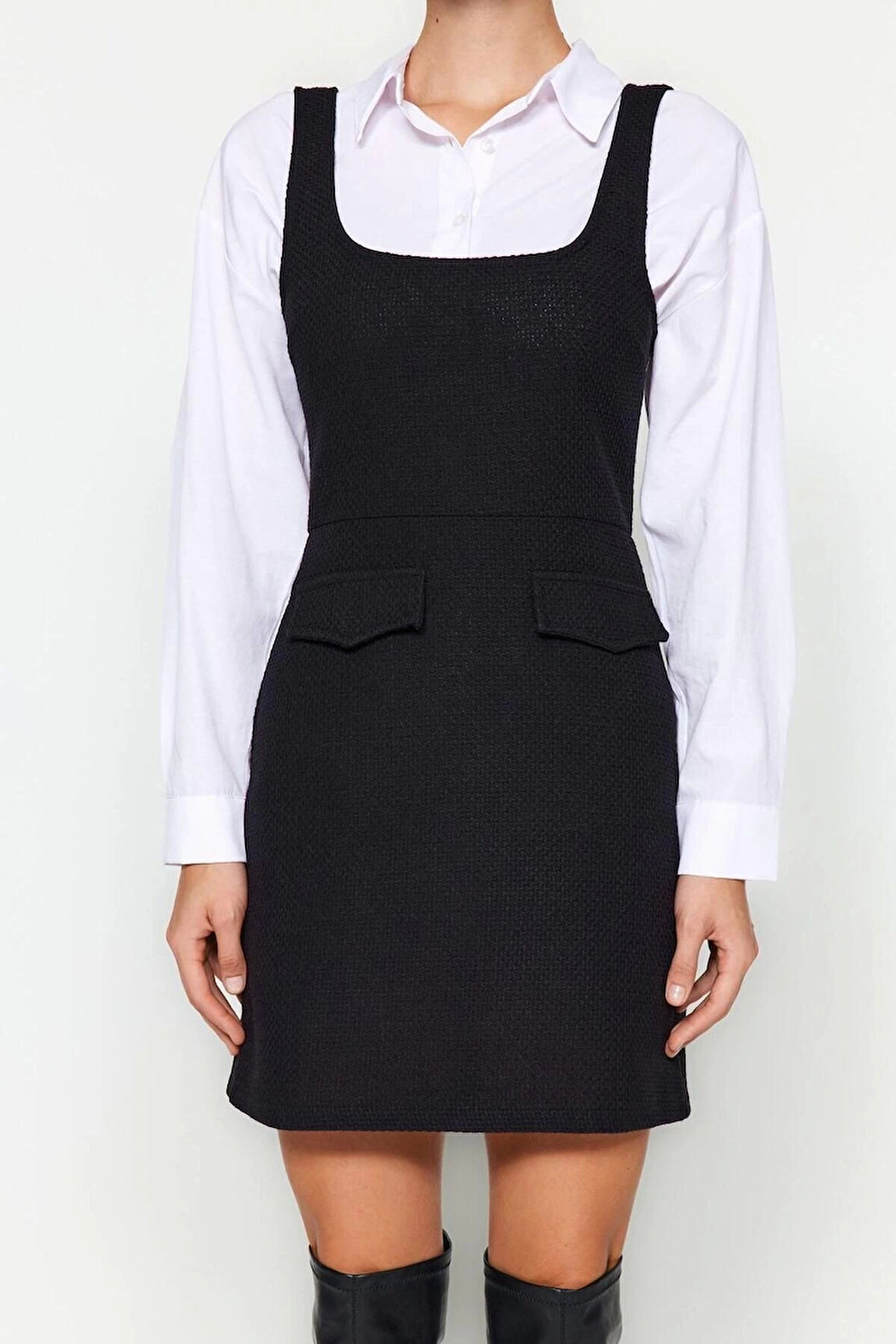 Moda Regular Casual Günlük Tüvit Dokuma Kare Yaka Askılı Kol Jile Mini Boy Elbise