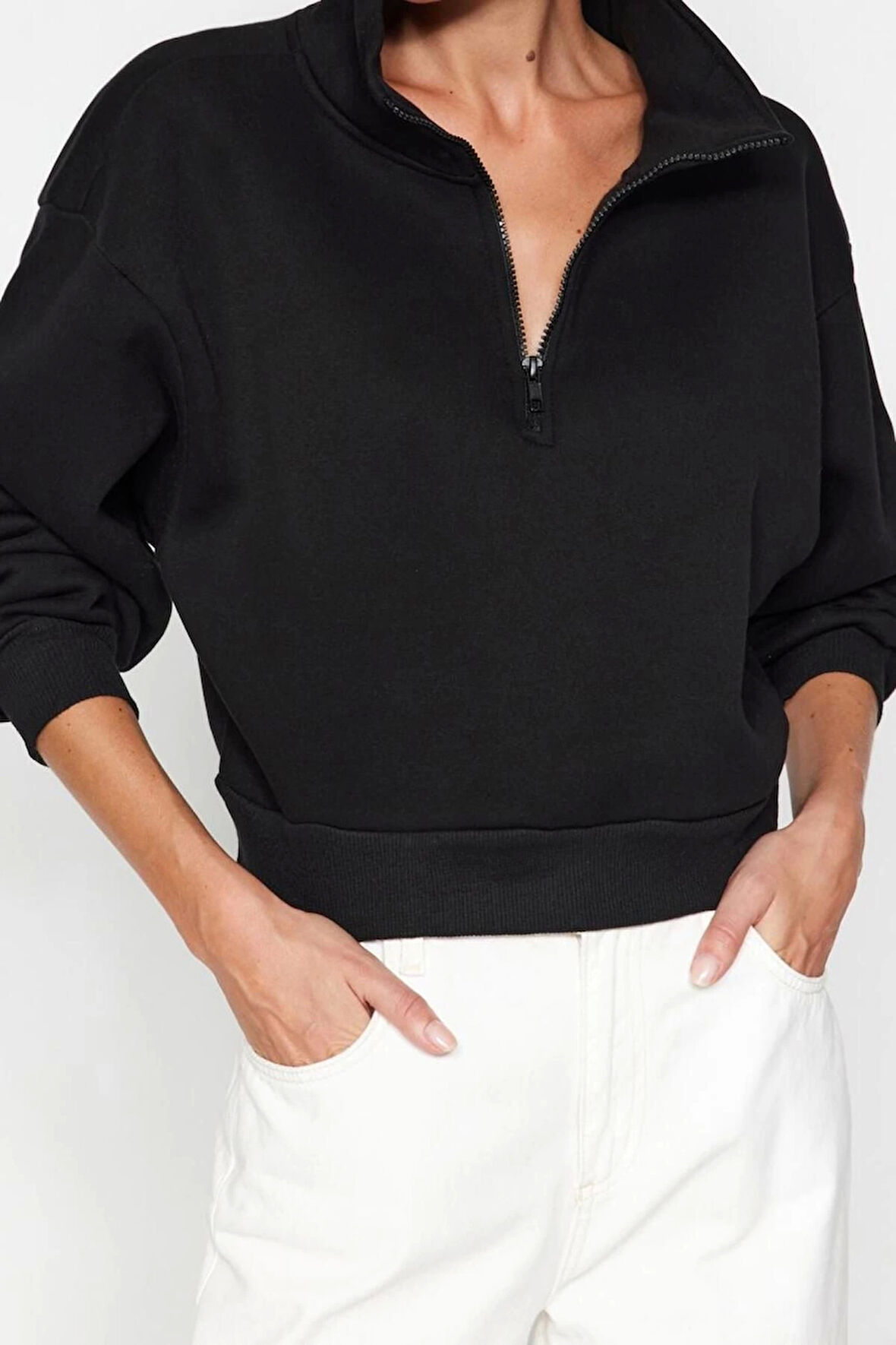 Fitted Fermuarlı Yaka Düşük Kol Crop Rahat Kesim Crop Fermuarlı Kalın Polarlı Örme Sweatshirt