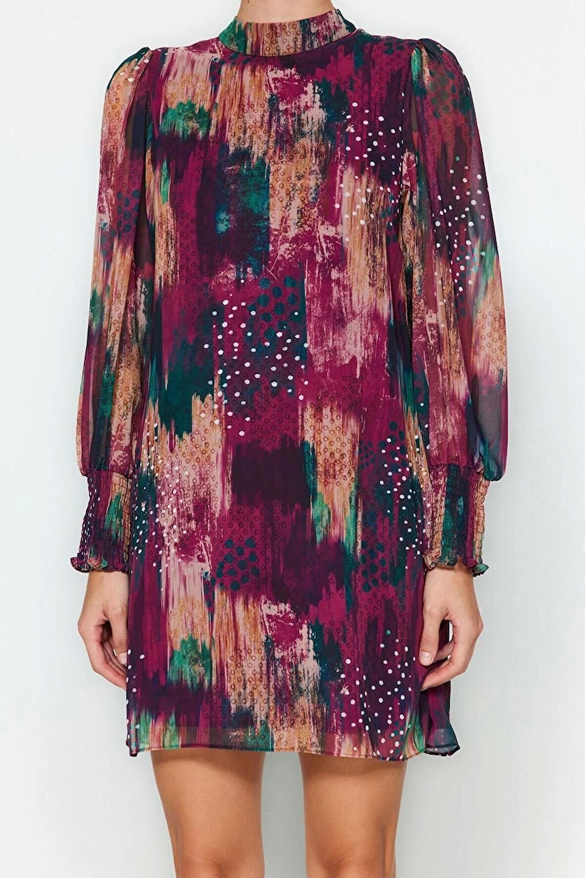 Moda Regular Gündüz Gece Şifon Dokuma Dik Yaka Uzun Kol Shift Mini Boy Elbise