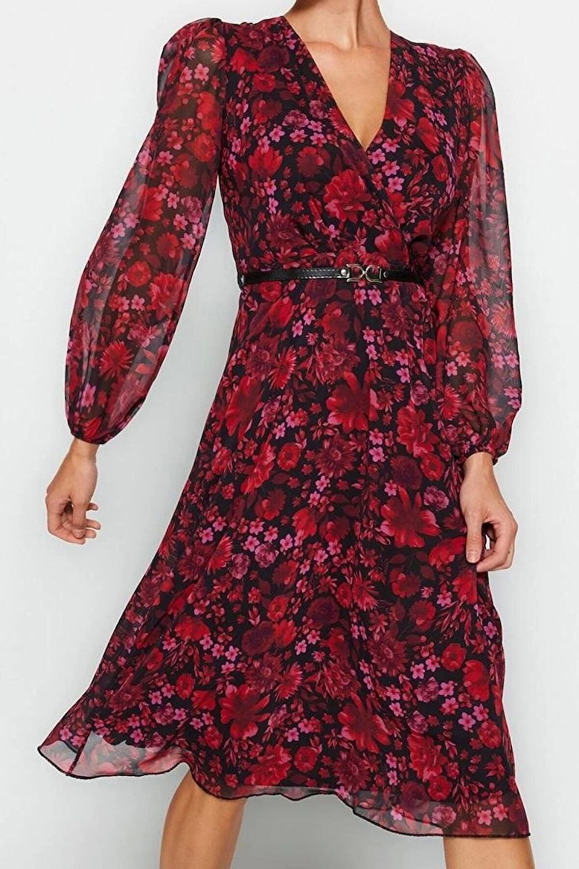 Moda Stil Regular Kruvaze Midi Boy Kemerli A Kesim Yaka Desenli Şifon Elbise Dokuma Elbise