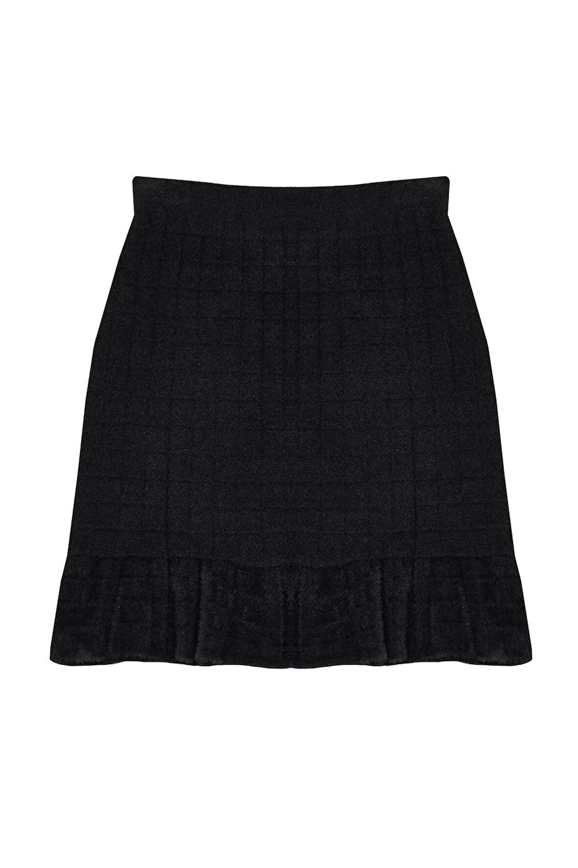Moda Regular Ekose Desen Gündüz Gece Mini Boy Yumuşak Dokulu Fırfır Detaylı Triko Etek