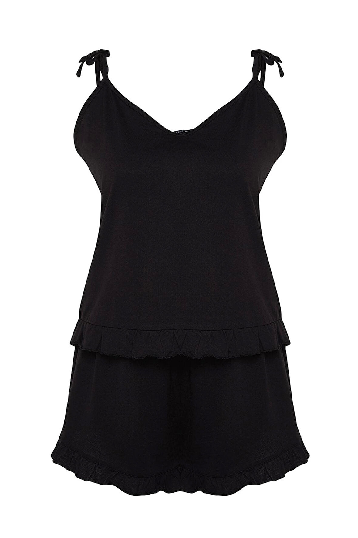 Tarz Rahat Büyük Beden Uzun Kollu Geniş Paça Fırfır Detaylı Askılı Örme Pijama Takımı