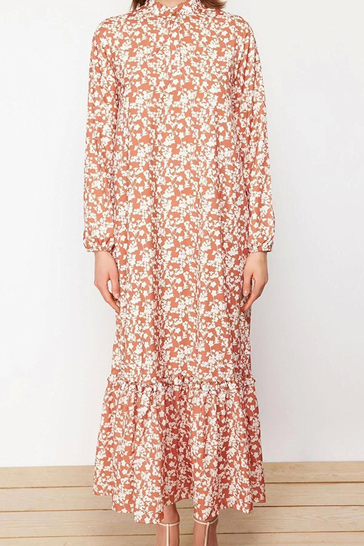 Moda Regular Casual Günlük Queen Crep Dokuma Dik Yaka Uzun Kol A-Line Maxi Boy Tesettür Elbise