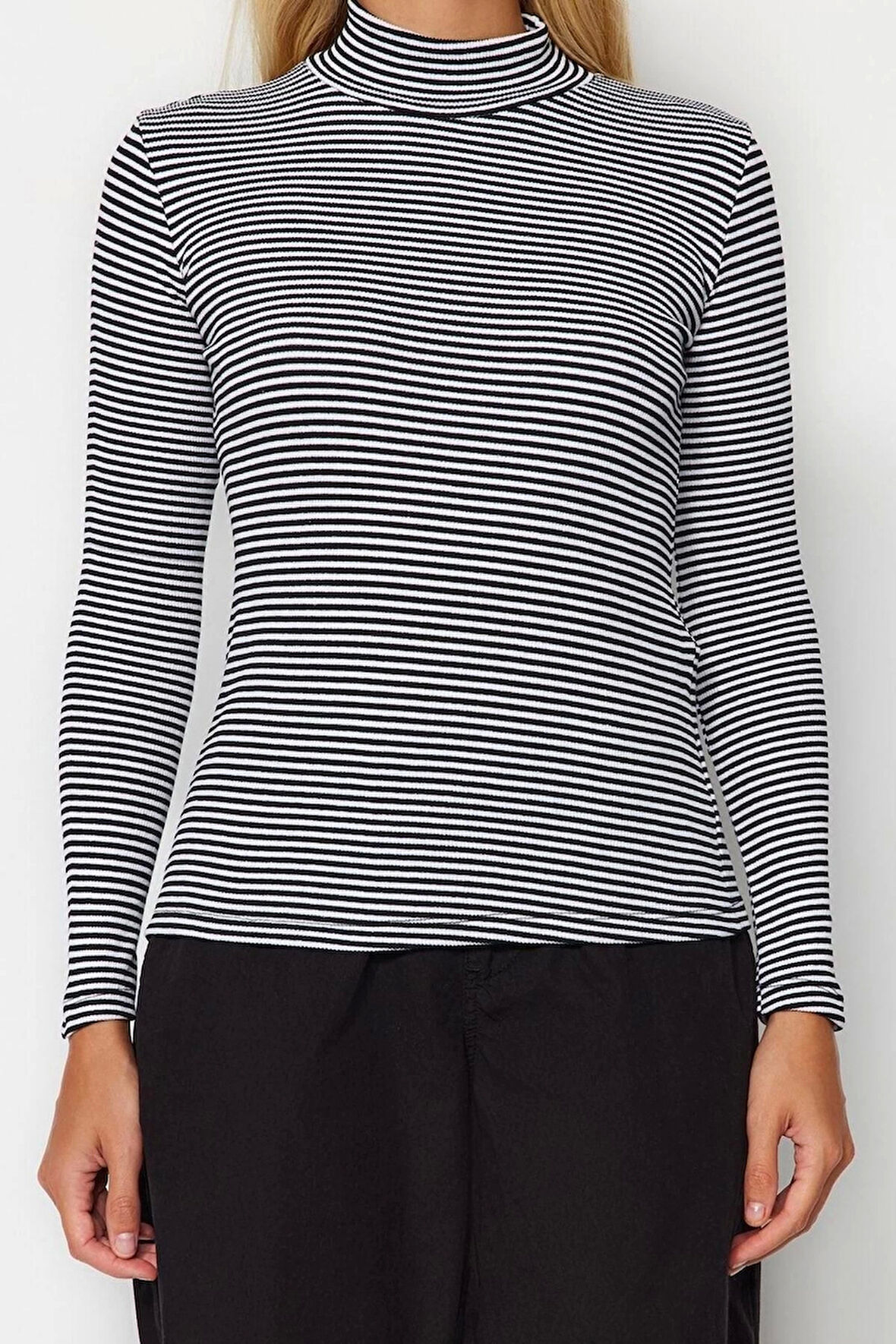 Moda Dik Yaka Örme Slim Düz Desen Casual Günlük Regular Uzun Kol Bluz