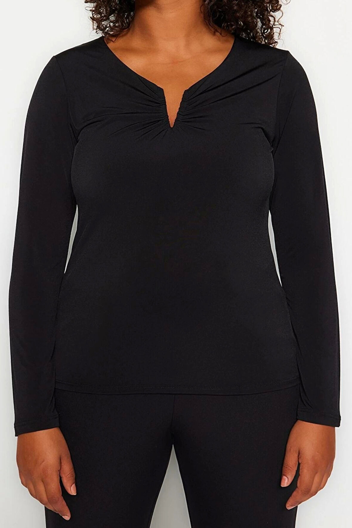 Moda Büyük Beden V Yaka Örme Fit Düz Desen Casual Günlük Regular Uzun Kol Bluz