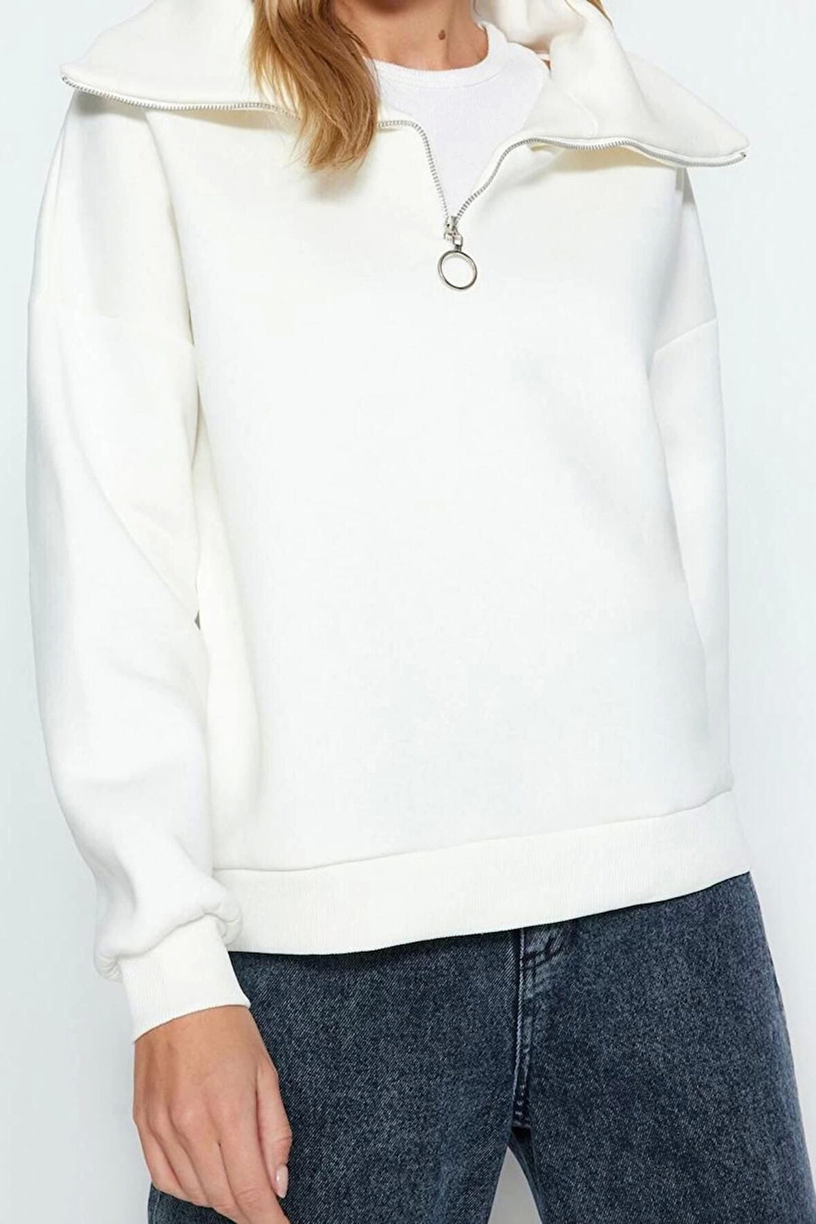 Regular Fermuarlı Yaka Standart Kol Regular Fermuarlı Kalın İçi Polarlı Fit Örme Sweatshirt