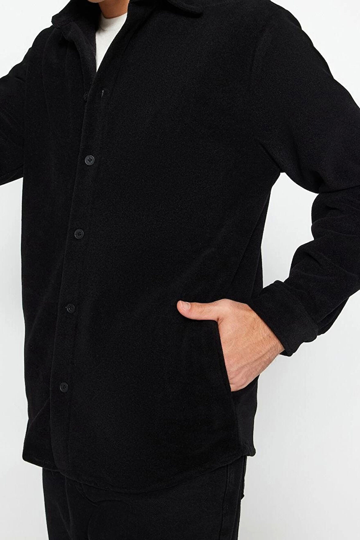 Şık Düz Desen Gömlek Yaka Unisex Regular Fit Yan Cepli Polar Kalın Kışlık Rahat Gömlek Ceket