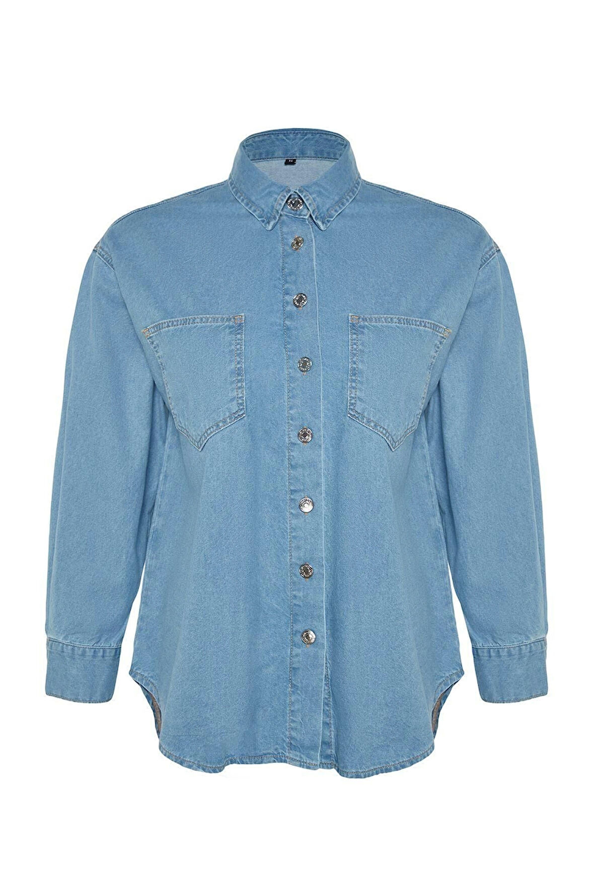Moda Kadın Büyük Beden Gömlek Yaka Düz Desen Günlük Oversize Denim Gömlek